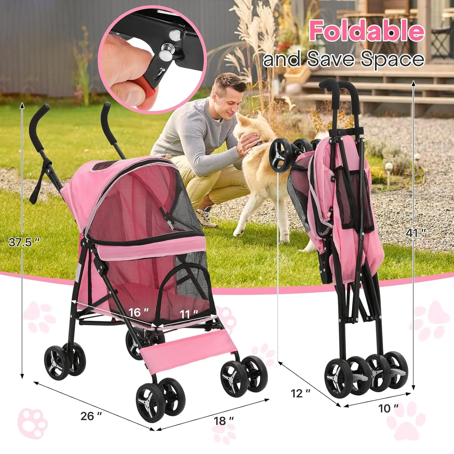 Pet Stroller for Small Dogs & Cats, 10-22lbs, Pink, Rear Storage