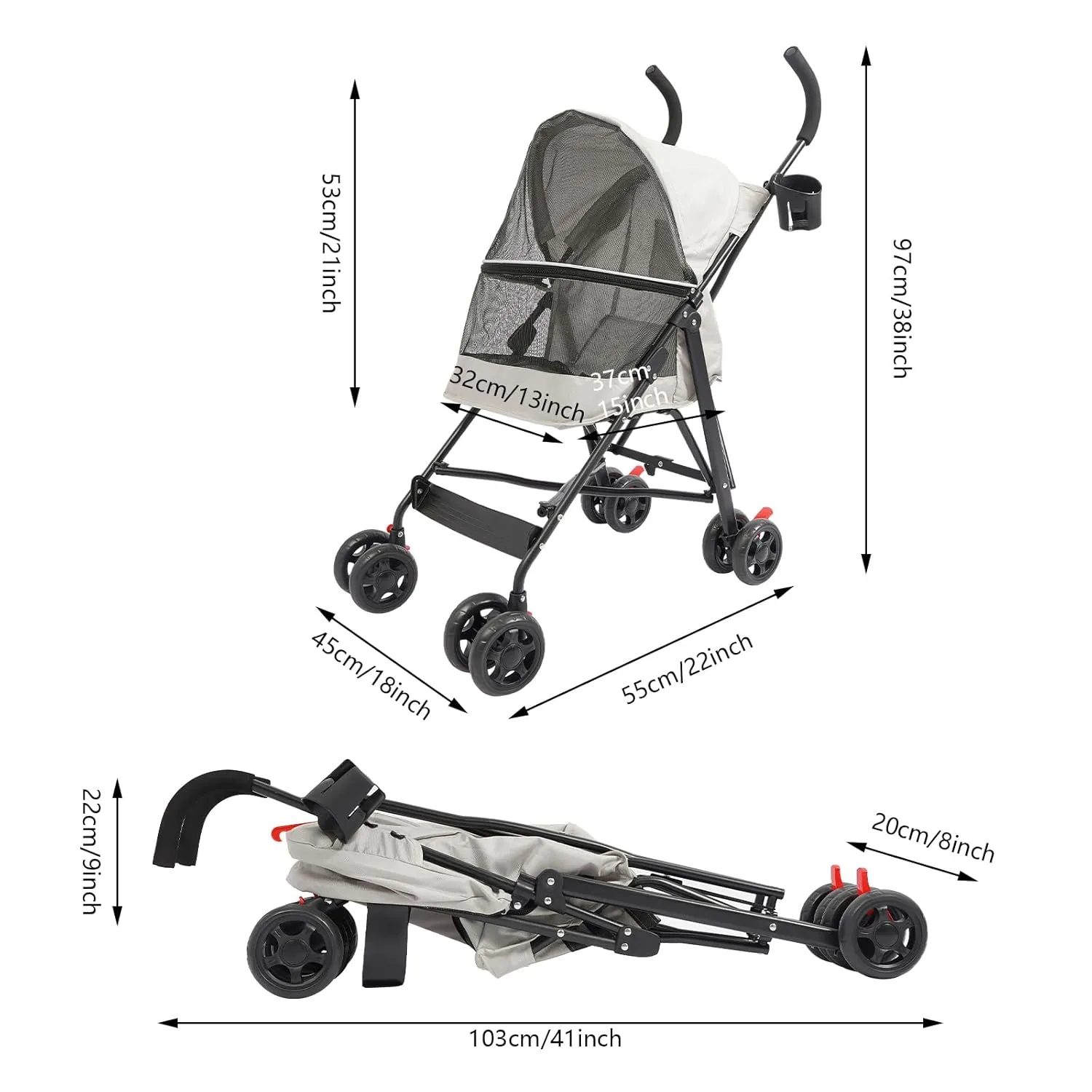 Pet Stroller W/4 Wheels, Pet Travel Stroller, Gray Foldable Pet Travel Carrier, Medium Dog Stroller, Multifunction Dog Cat Jogger Stroller, Pet Strolling Cart, Foldable Pet Stroller