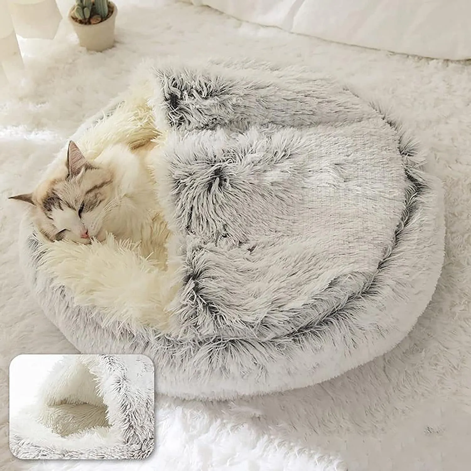 Plush Fluffy Hooded Cat Bed
