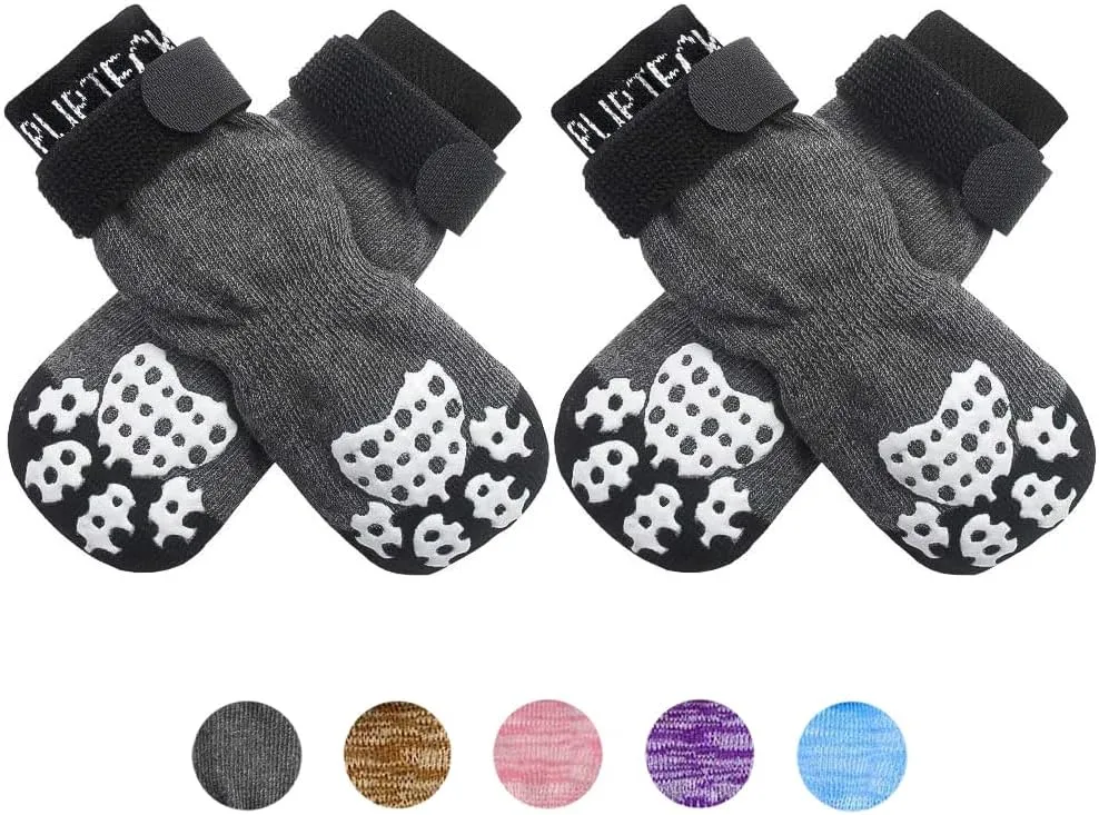 PUPTECK Anti-Slip Dog Socks with Double Sides Grips for Small Medium Large Dogs Hardwood Floors Prevents Licking, Dog Shoes for Hot Pavement Traction Control Paw Protector for Senior Dogs, Grey L