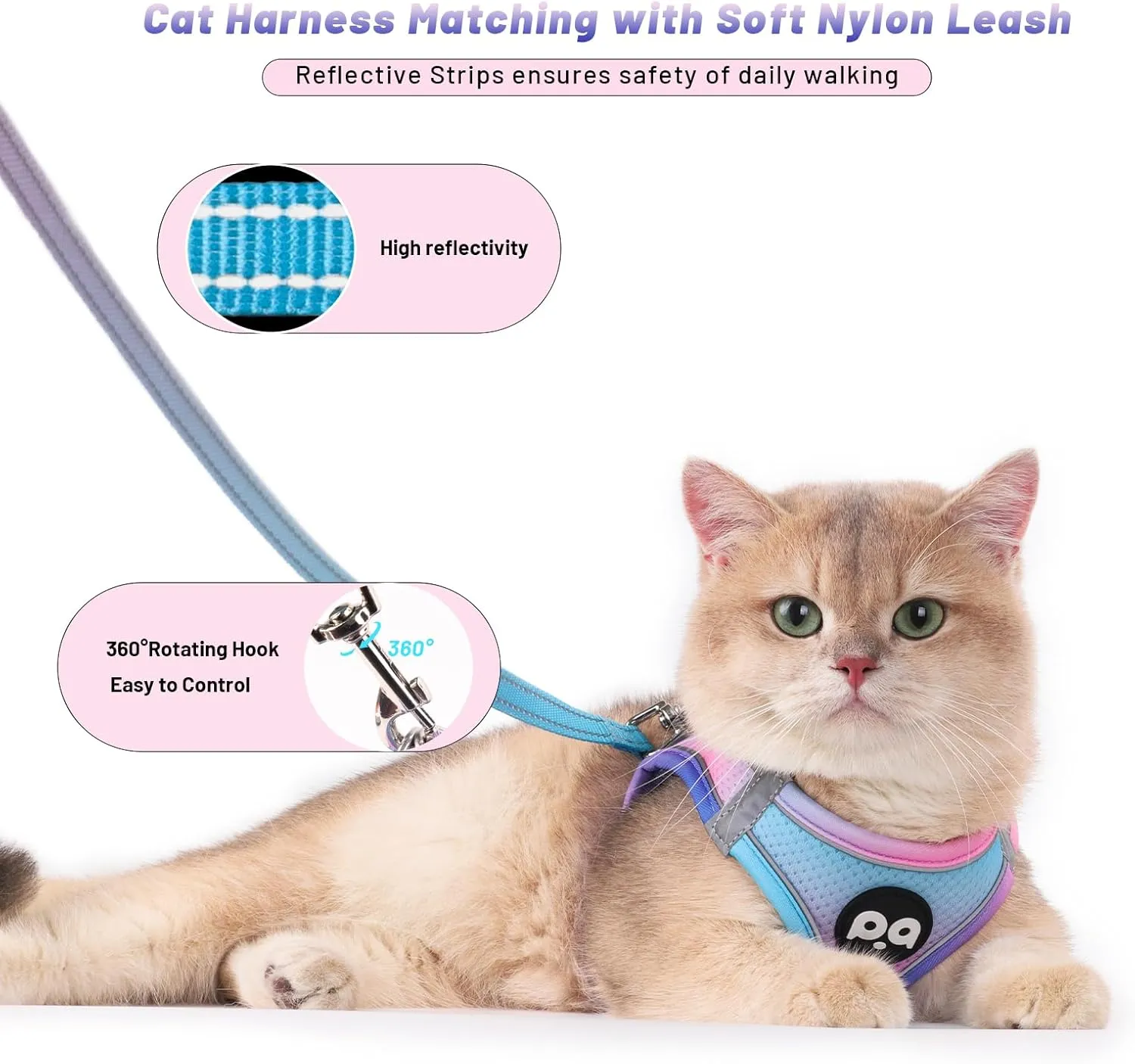 QQPETS Cat Harness and Leash Set for Walking Escape Proof, Safe Adjustable Kitten Vest with Reflective Strips, Easy Control Soft Mesh Lightweight Jacket (Blue-Pink Gradient, M(15.7-17.7))
