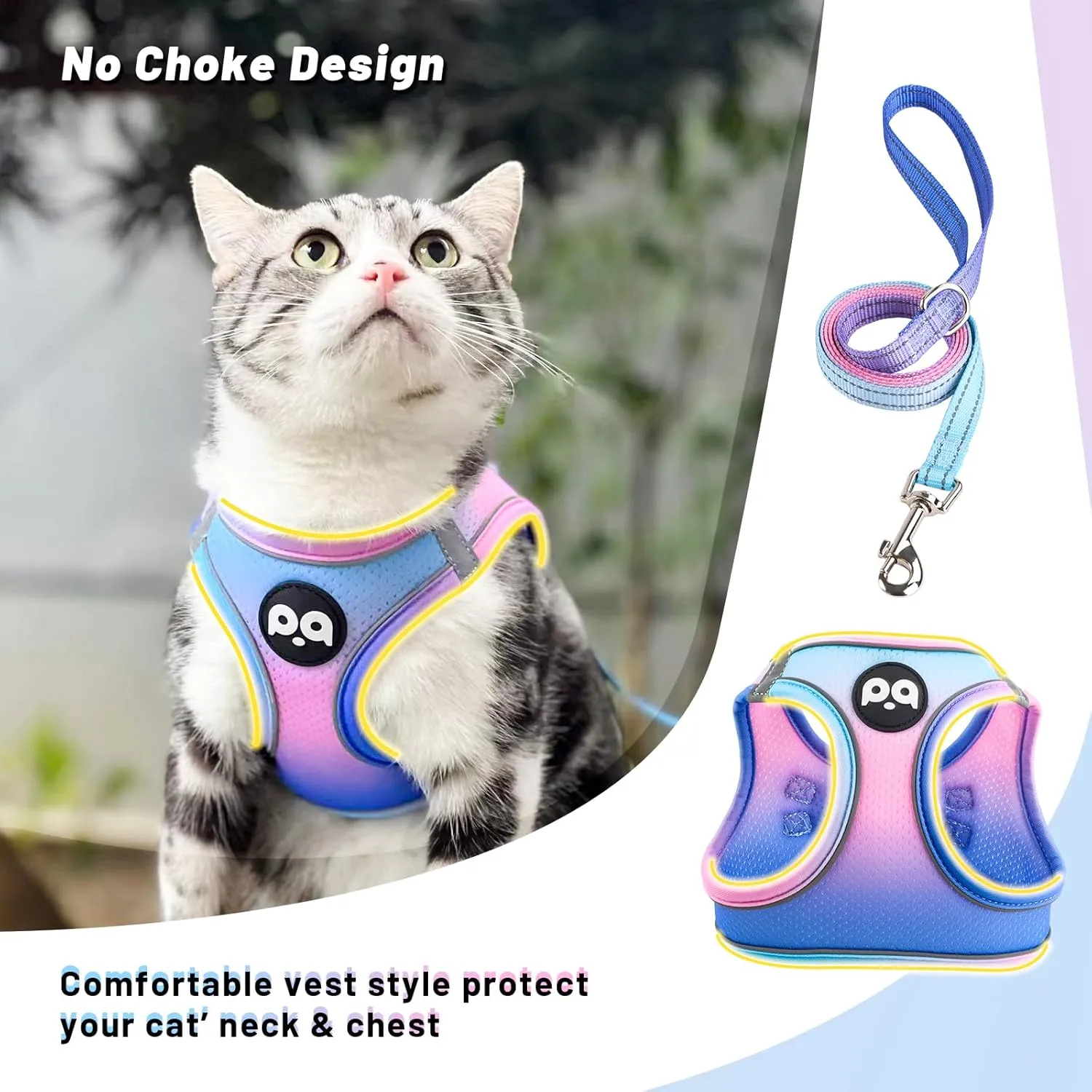 QQPETS Cat Harness and Leash Set for Walking Escape Proof, Safe Adjustable Kitten Vest with Reflective Strips, Easy Control Soft Mesh Lightweight Jacket (Blue-Pink Gradient, M(15.7-17.7))