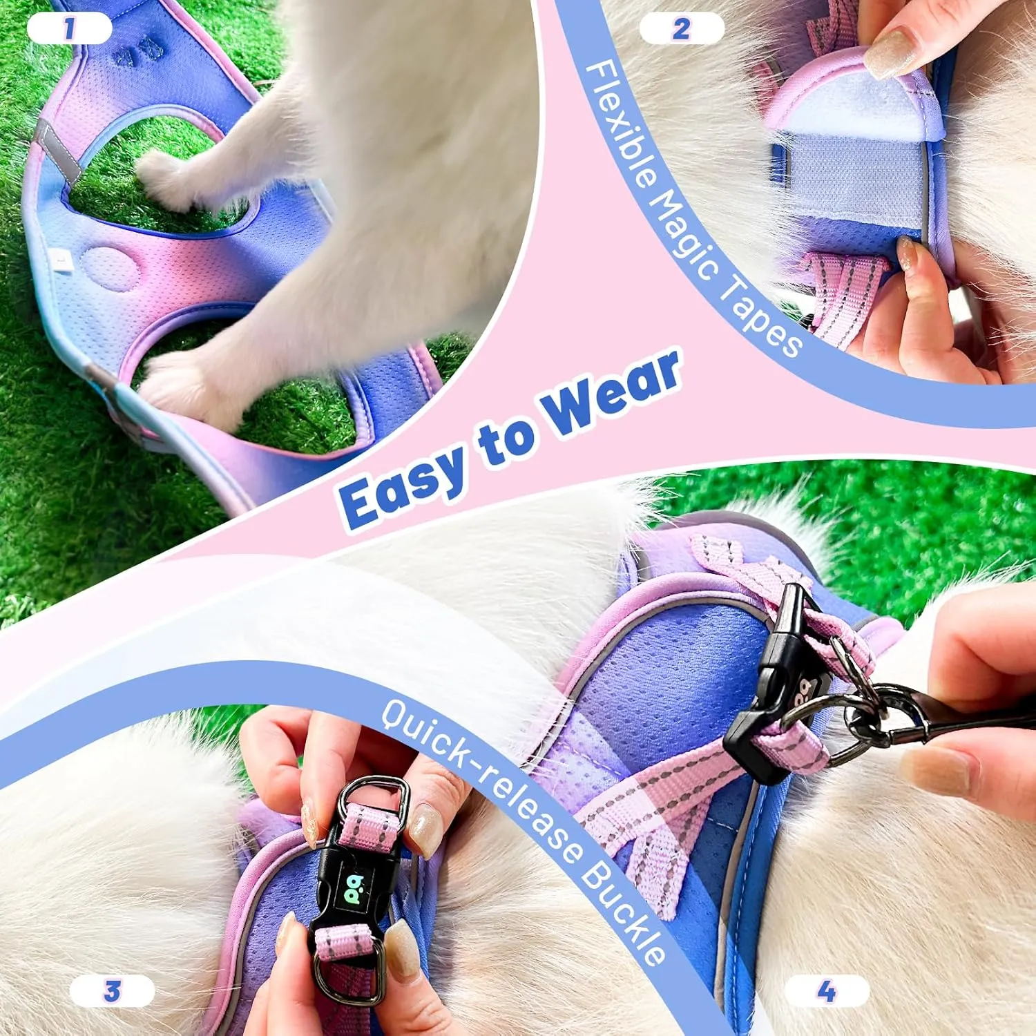 QQPETS Cat Harness and Leash Set for Walking Escape Proof, Safe Adjustable Kitten Vest with Reflective Strips, Easy Control Soft Mesh Lightweight Jacket (Blue-Pink Gradient, M(15.7-17.7))