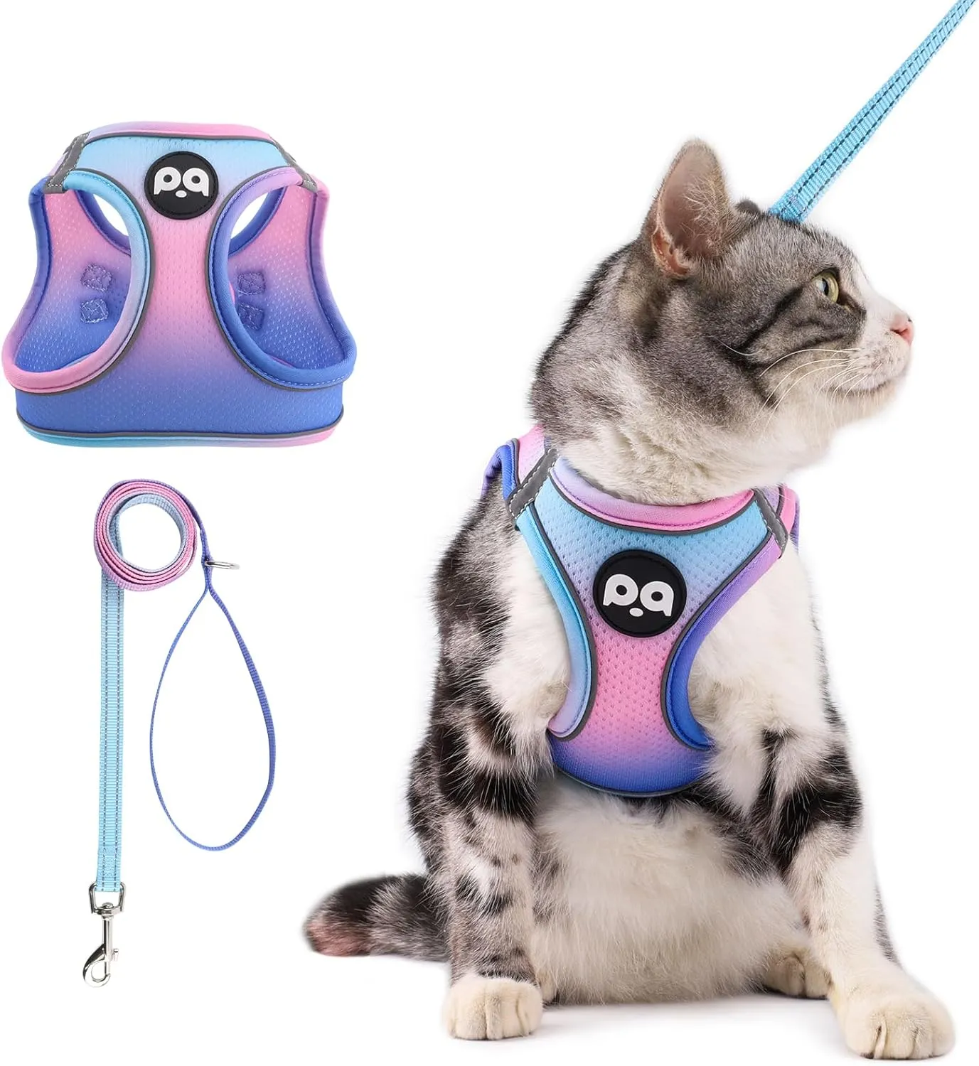 QQPETS Cat Harness and Leash Set for Walking Escape Proof, Safe Adjustable Kitten Vest with Reflective Strips, Easy Control Soft Mesh Lightweight Jacket (Blue-Pink Gradient, M(15.7-17.7))