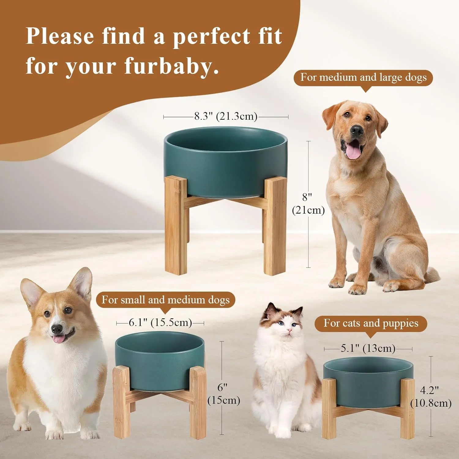 Raised Ceramic Cat Bowl Set - Cat Food and Water Bowls with Bamboo Stand - Elevated Double Dog Dishes for Puppies - Set of 2