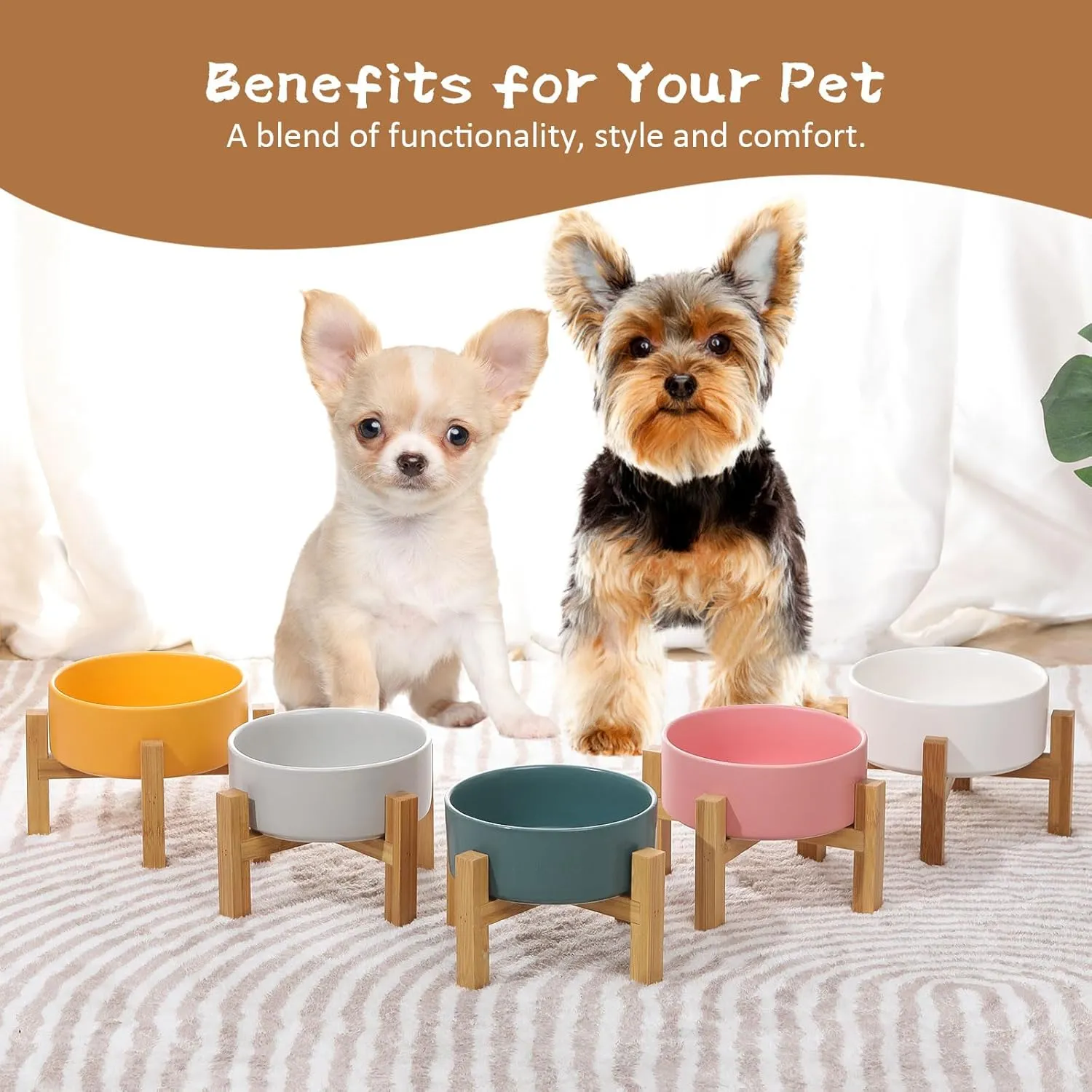 Raised Ceramic Cat Bowl Set - Cat Food and Water Bowls with Bamboo Stand - Elevated Double Dog Dishes for Puppies - Set of 2
