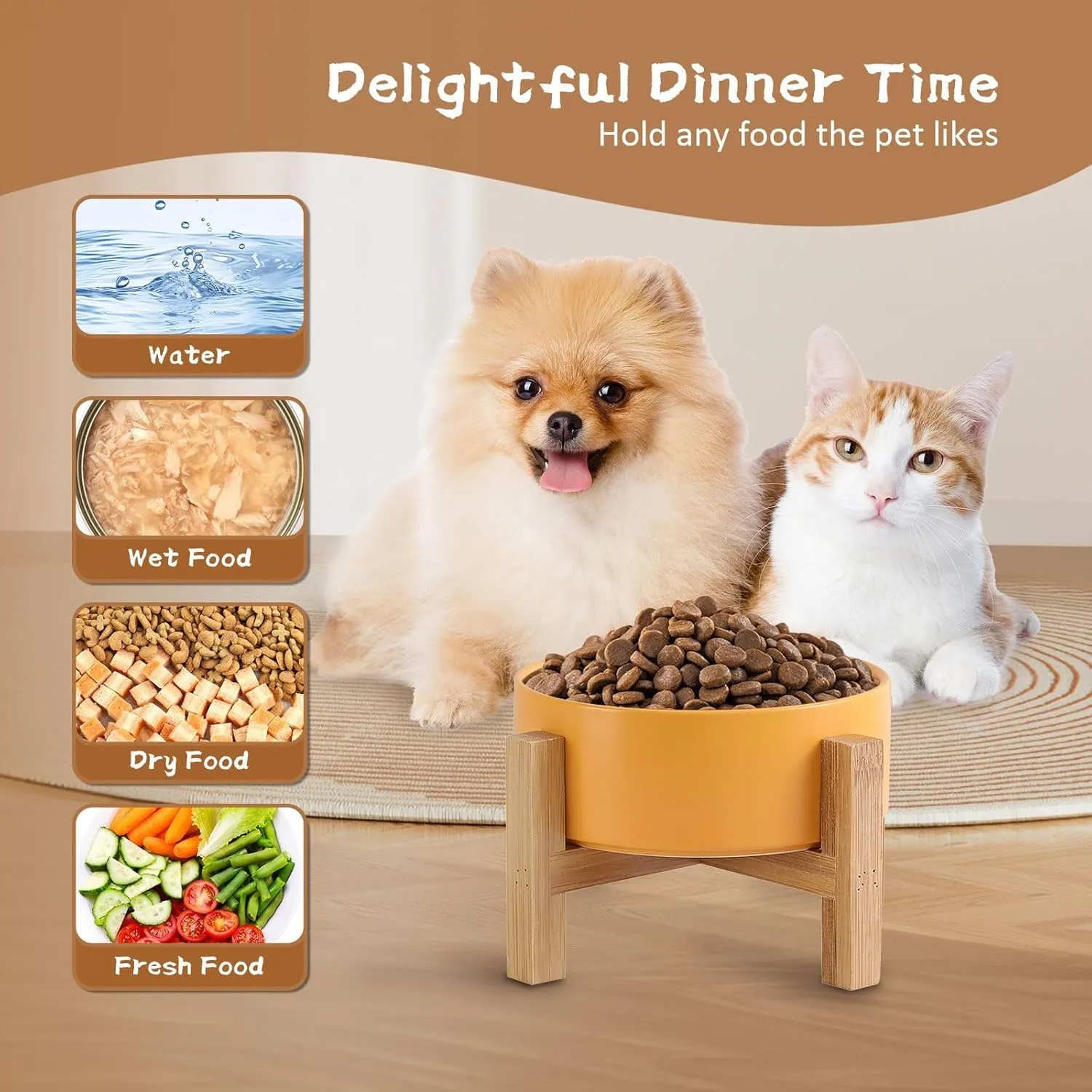 Raised Ceramic Cat Bowl Set - Cat Food and Water Bowls with Bamboo Stand - Elevated Double Dog Dishes for Puppies - Set of 2