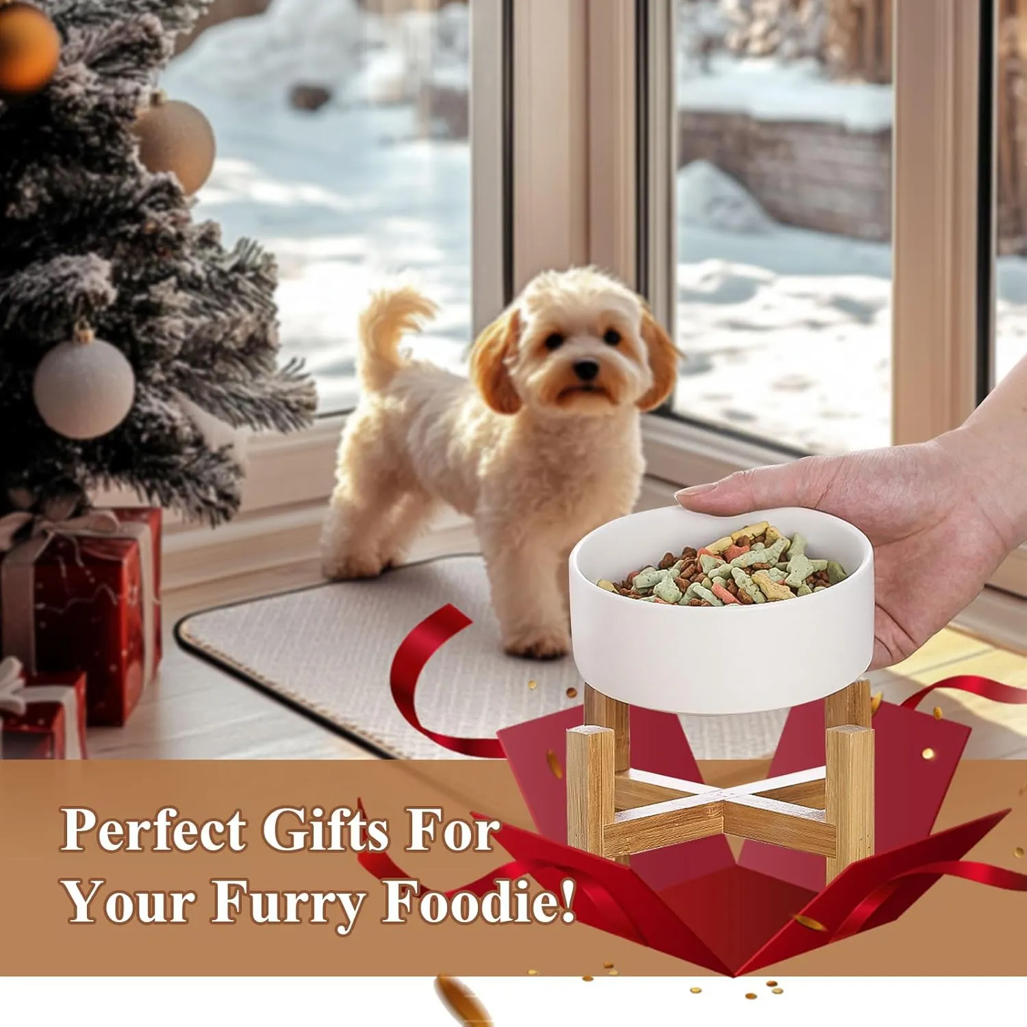 Raised Ceramic Cat Bowl Set - Cat Food and Water Bowls with Bamboo Stand - Elevated Double Dog Dishes for Puppies - Set of 2