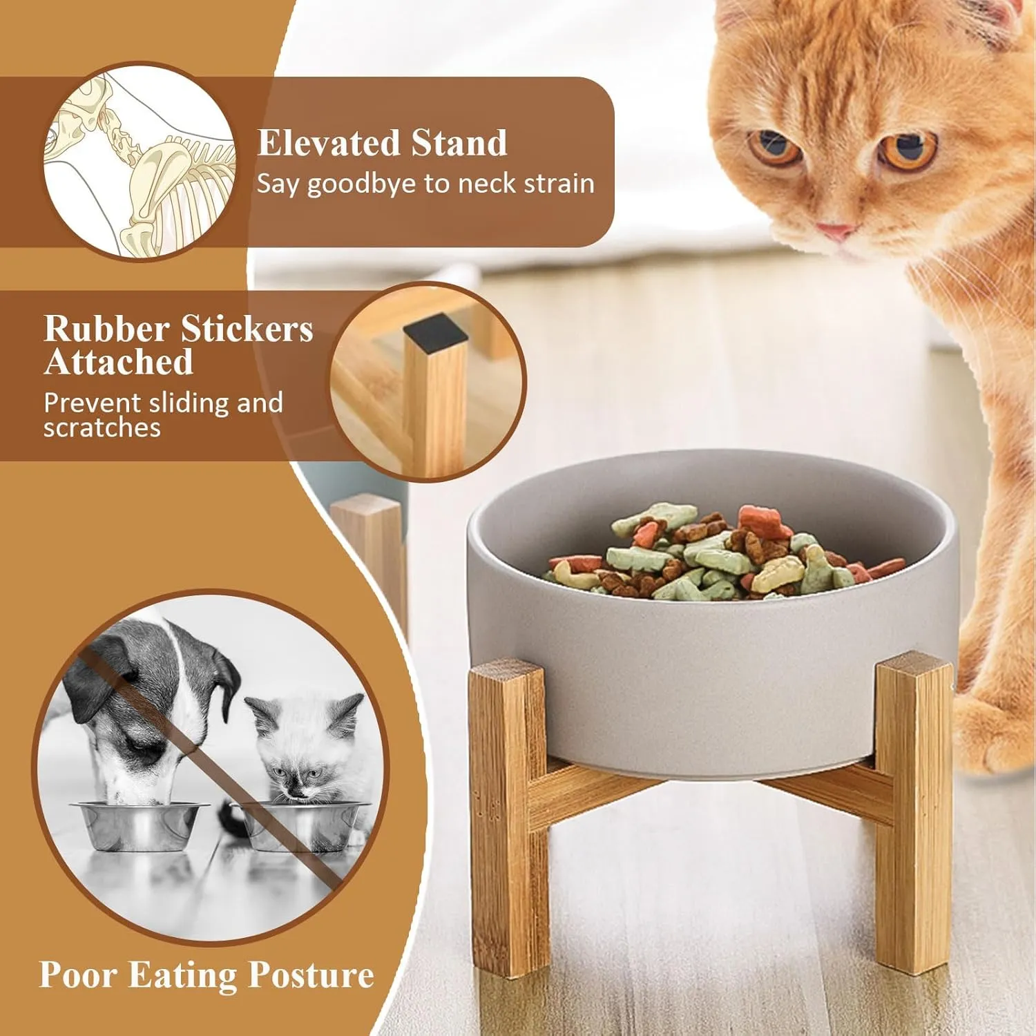 Raised Ceramic Cat Bowl Set - Cat Food and Water Bowls with Bamboo Stand - Elevated Double Dog Dishes for Puppies - Set of 2