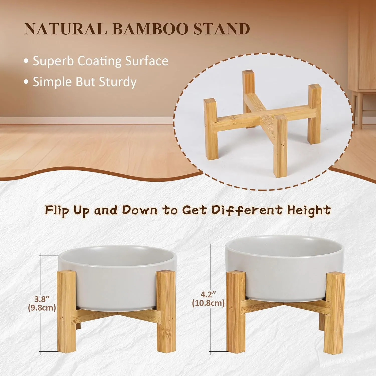 Raised Ceramic Cat Bowl Set - Cat Food and Water Bowls with Bamboo Stand - Elevated Double Dog Dishes for Puppies - Set of 2