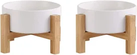 Raised Ceramic Cat Bowl Set - Cat Food and Water Bowls with Bamboo Stand - Elevated Double Dog Dishes for Puppies - Set of 2