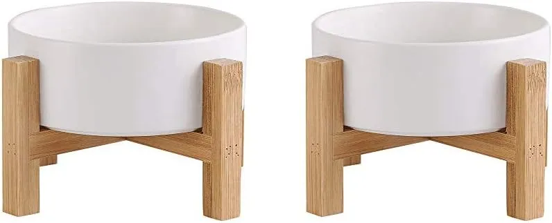 Raised Ceramic Cat Bowl Set - Cat Food and Water Bowls with Bamboo Stand - Elevated Double Dog Dishes for Puppies - Set of 2