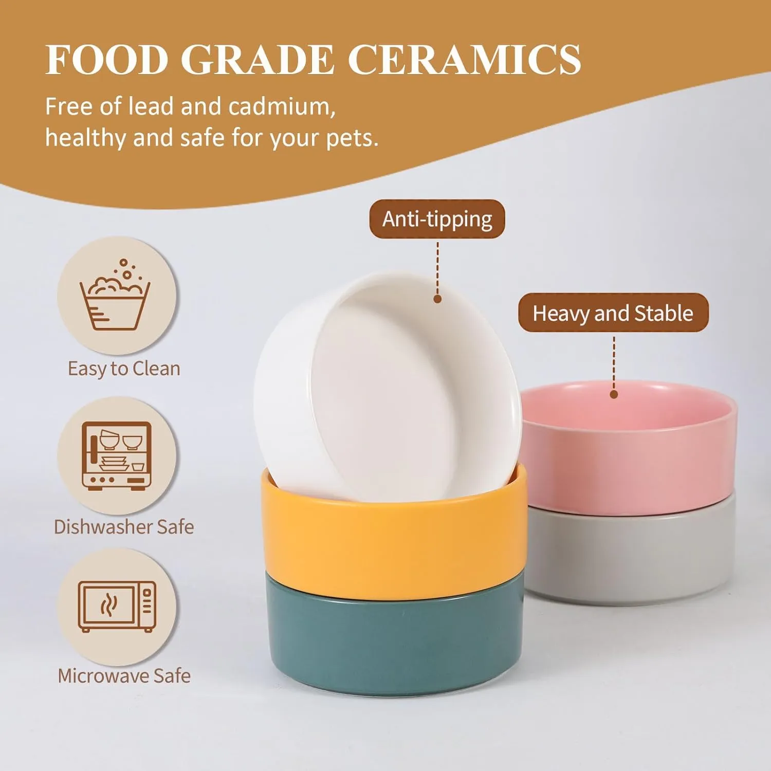 Raised Ceramic Cat Bowl Set - Cat Food and Water Bowls with Bamboo Stand - Elevated Double Dog Dishes for Puppies - Set of 2