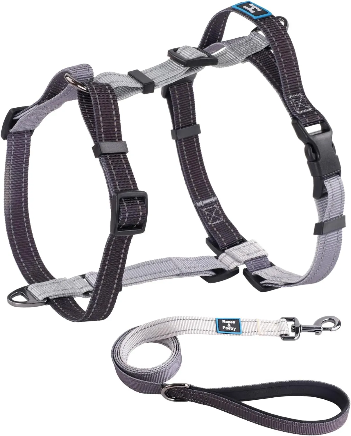 Roses&Poetry Dog Harness for Large Dogs, No-Pull Dog Harness and Leash Set Adjustable Reflective, Dog Vest Harnesses Comfort Padded Handle, Pet Harness for Training Outdoor WalkingBlackGray-L