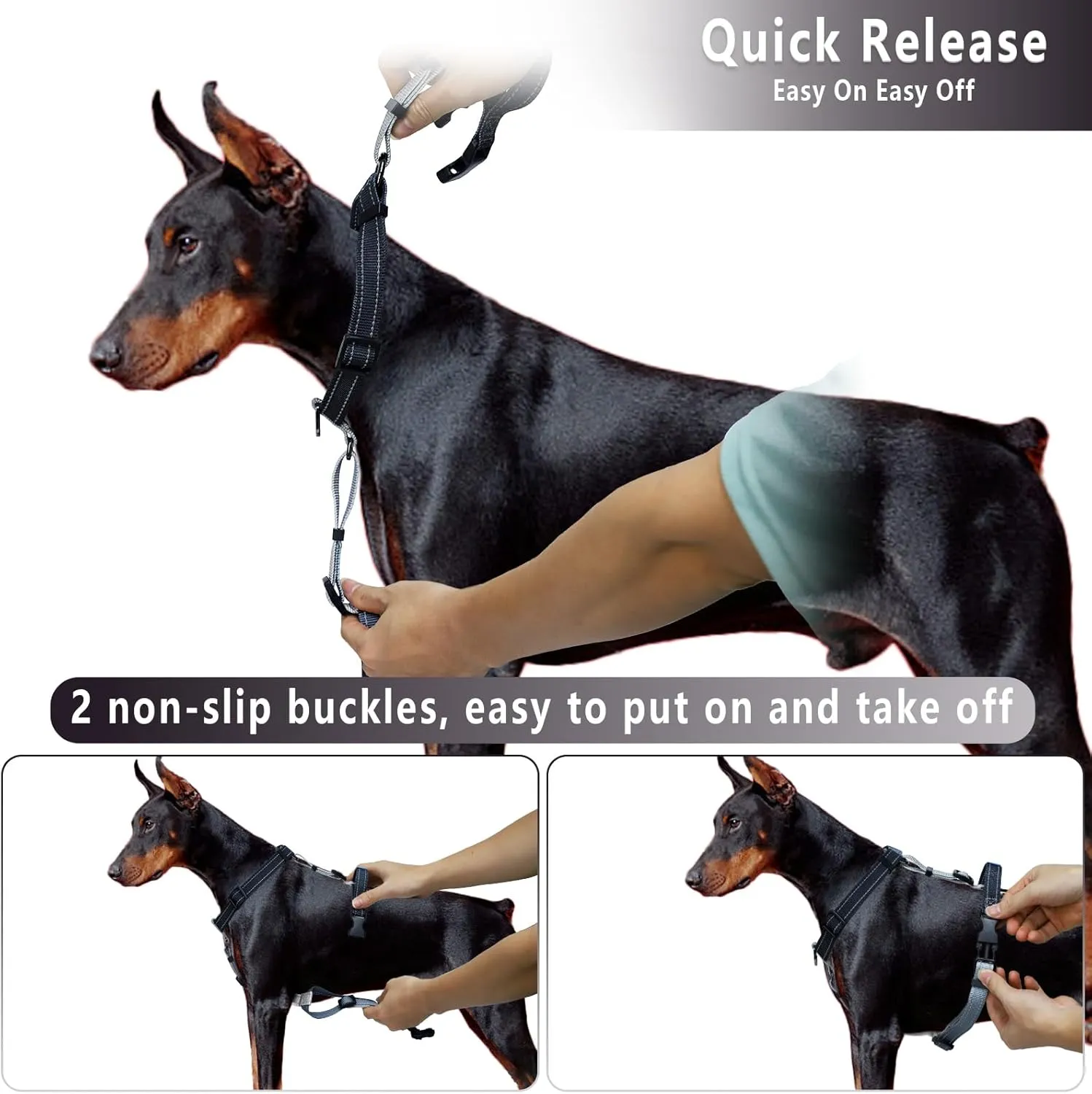 Roses&Poetry Dog Harness for Large Dogs, No-Pull Dog Harness and Leash Set Adjustable Reflective, Dog Vest Harnesses Comfort Padded Handle, Pet Harness for Training Outdoor WalkingBlackGray-L