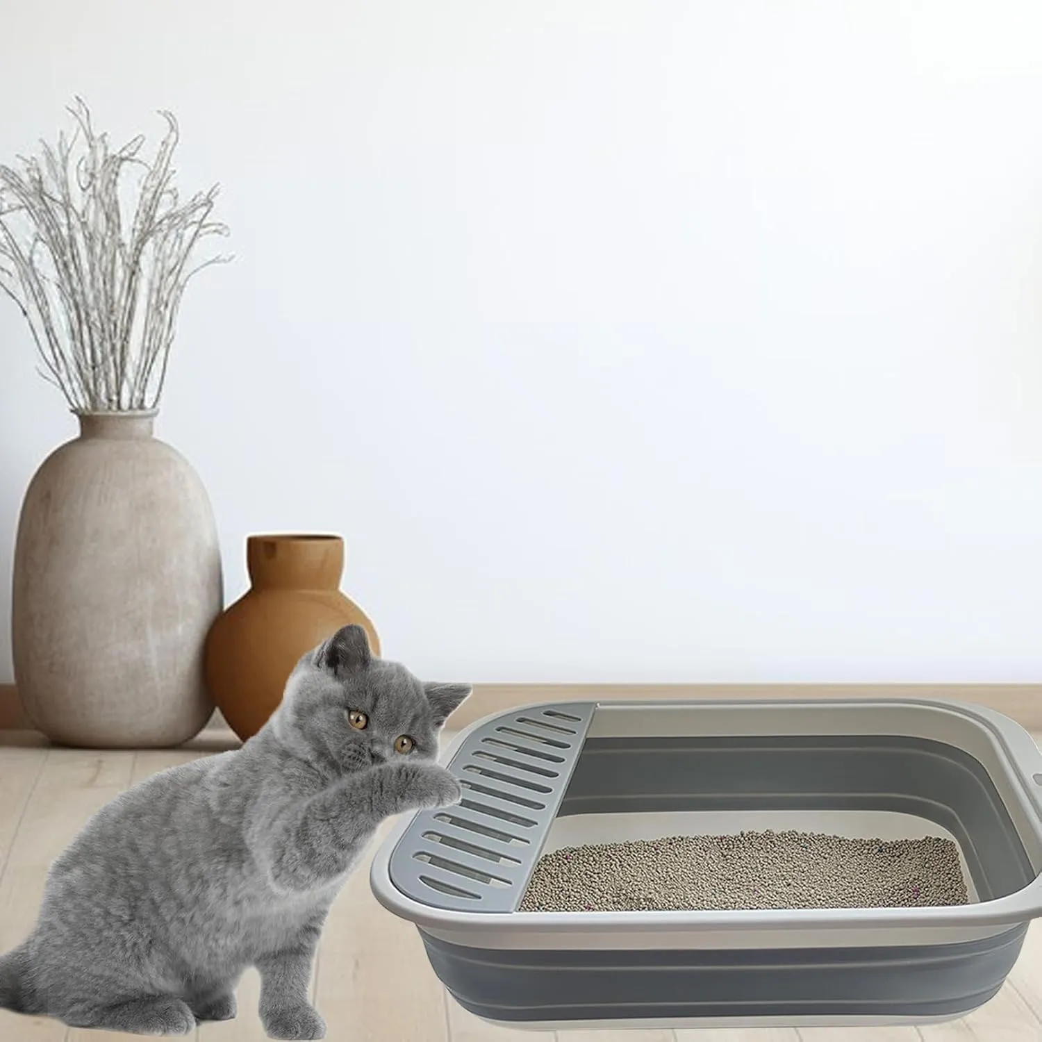 Senior Collapsible Cat Litter Pan - Low Entry, Foldable Pet Toilet for Elderly Cats, Grey, 20.9x15.7x5.7 inch