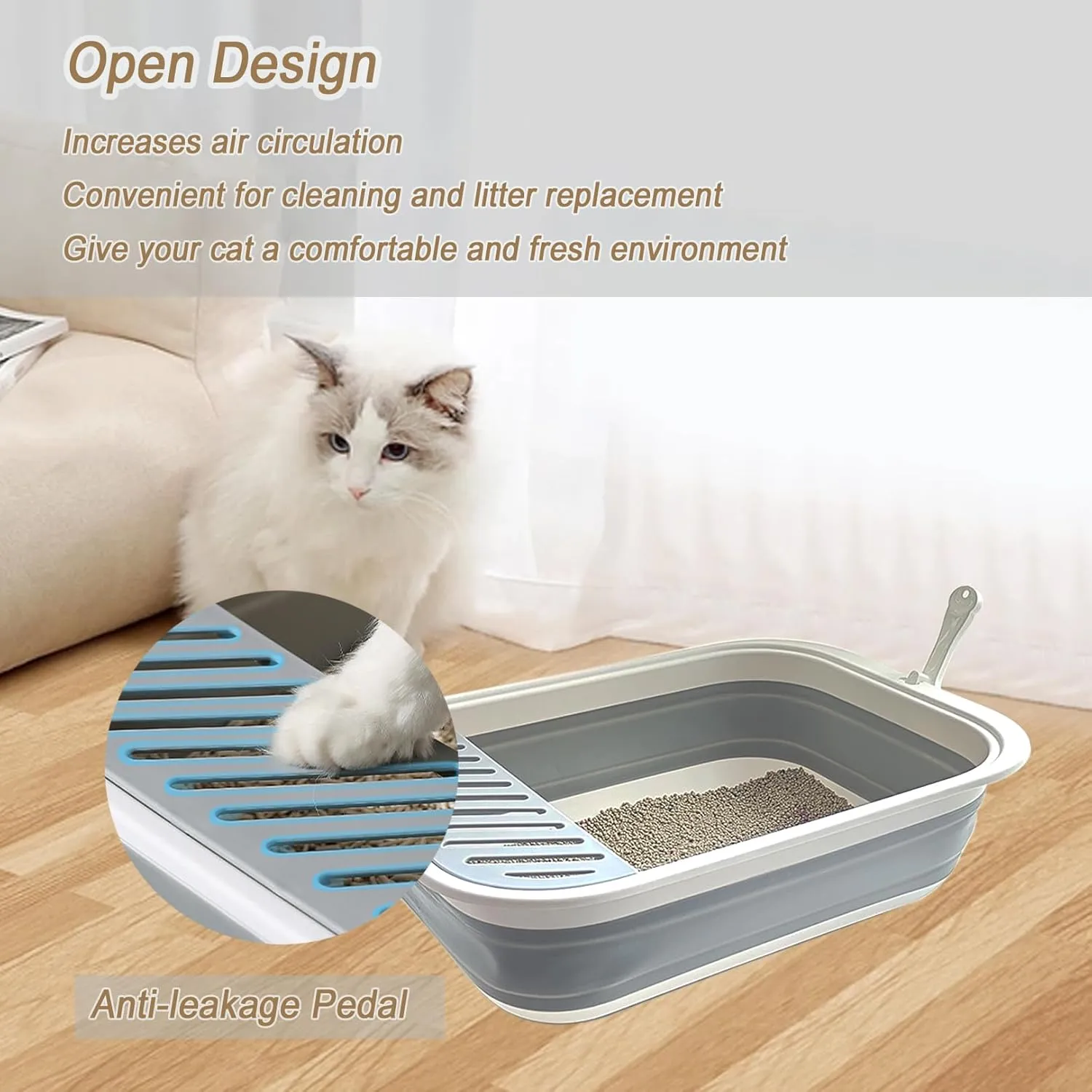 Senior Collapsible Cat Litter Pan - Low Entry, Foldable Pet Toilet for Elderly Cats, Grey, 20.9x15.7x5.7 inch