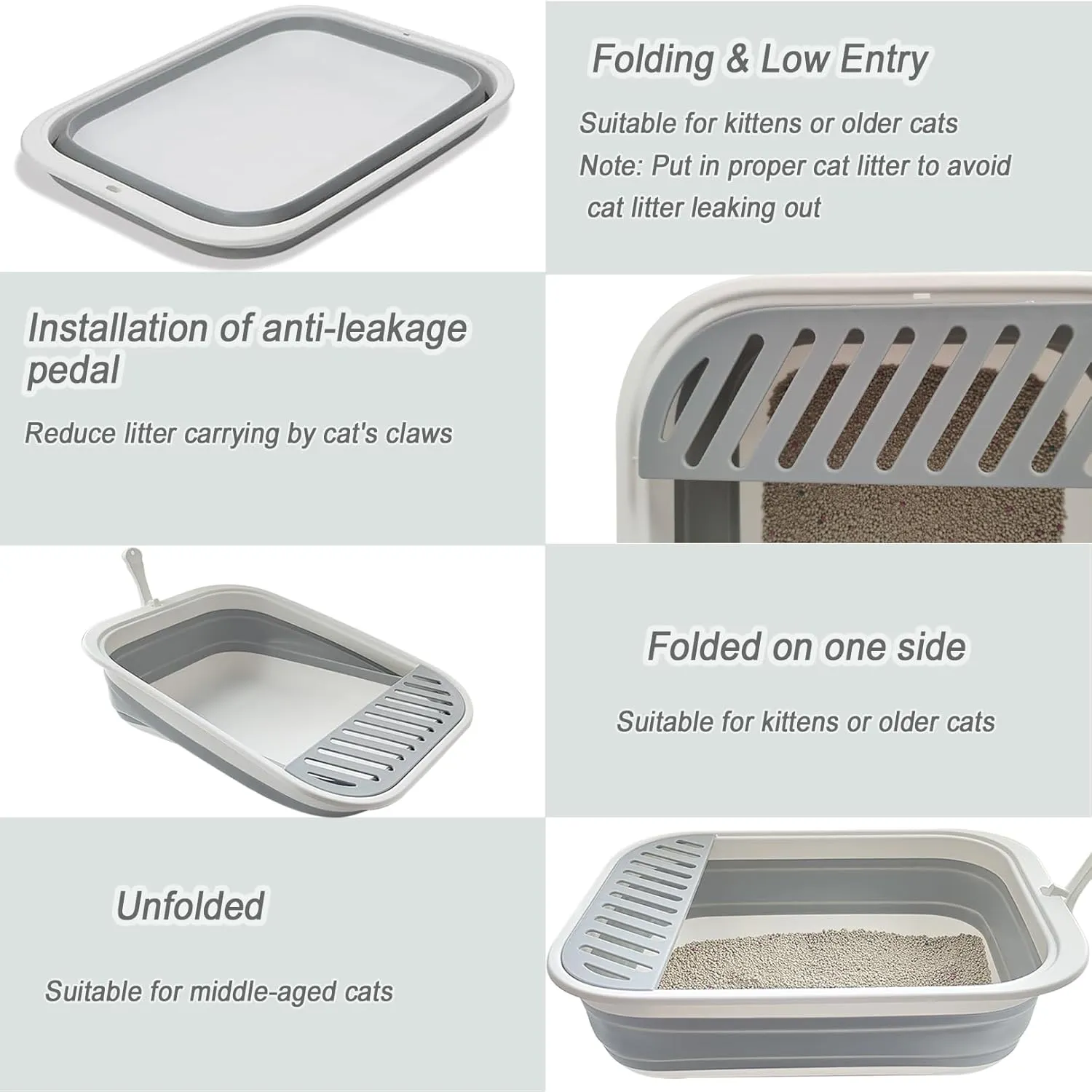 Senior Collapsible Cat Litter Pan - Low Entry, Foldable Pet Toilet for Elderly Cats, Grey, 20.9x15.7x5.7 inch