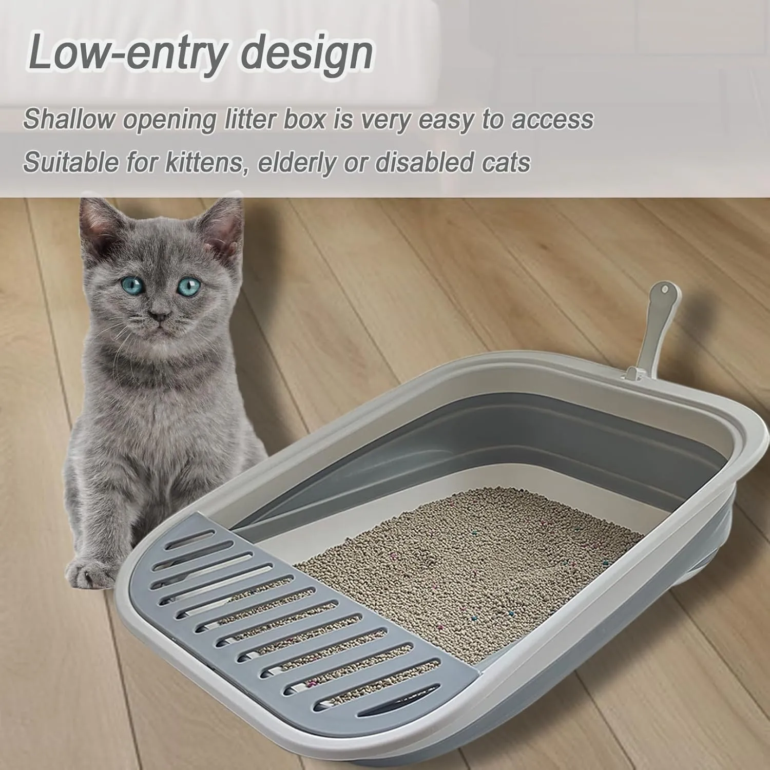 Senior Collapsible Cat Litter Pan - Low Entry, Foldable Pet Toilet for Elderly Cats, Grey, 20.9x15.7x5.7 inch