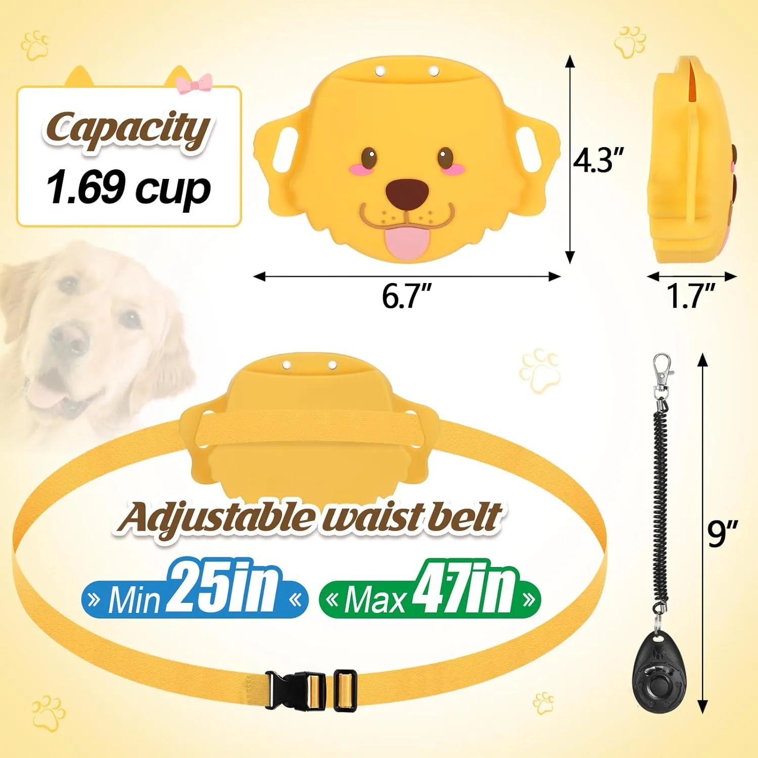 Silicone Dog Treat Pouch for Pet Training - Strong Magnetic Closure, 1.69 Cup Portable Easy to Clean Treat Bag with Training Clicker Waistband for Dog Walking Outdoor, Golden Retriever - Yellow