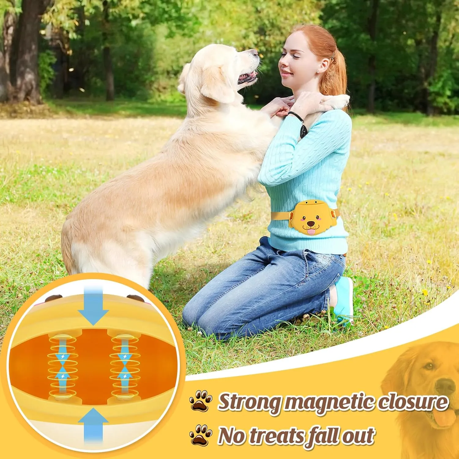 Silicone Dog Treat Pouch for Pet Training - Strong Magnetic Closure, 1.69 Cup Portable Easy to Clean Treat Bag with Training Clicker Waistband for Dog Walking Outdoor, Golden Retriever - Yellow