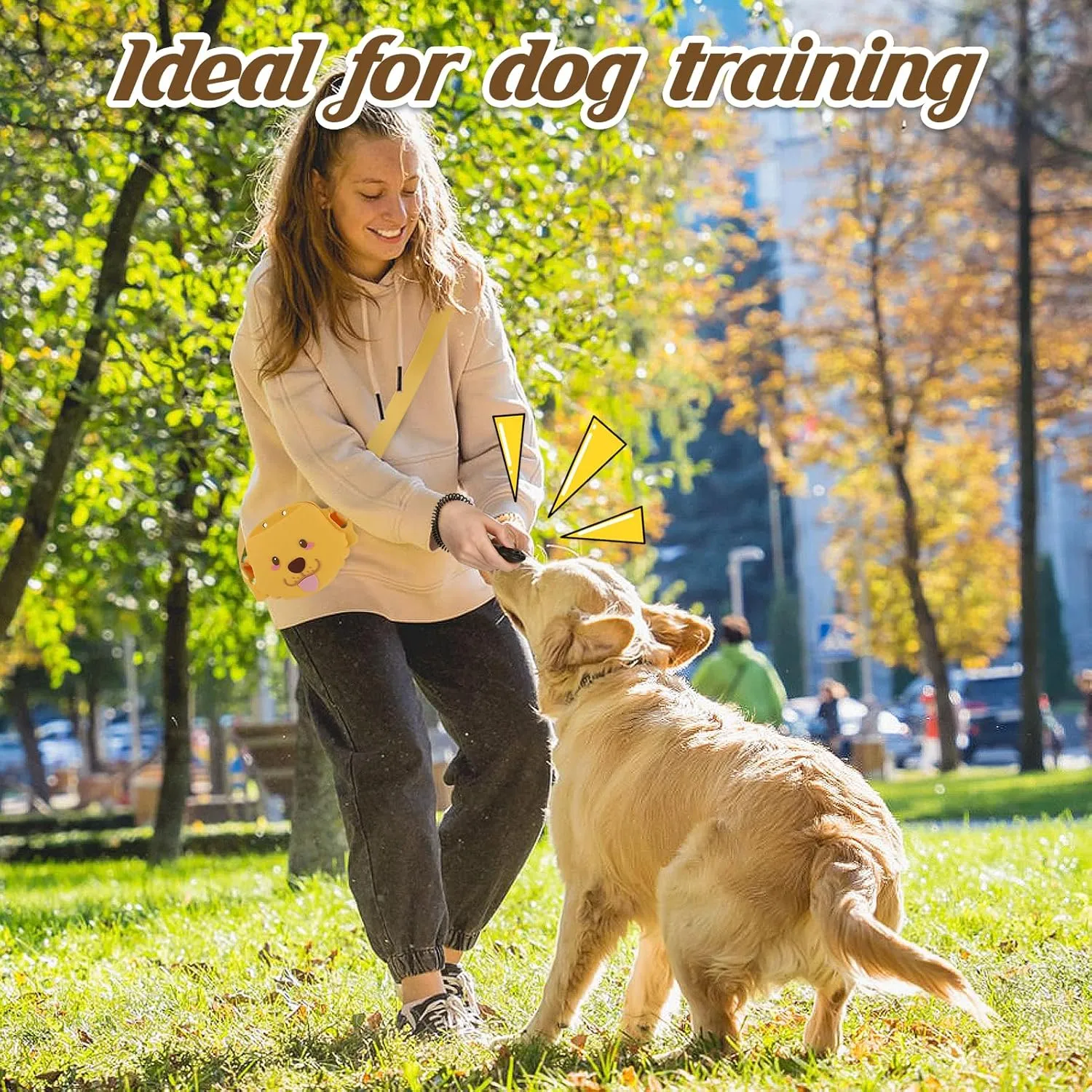 Silicone Dog Treat Pouch for Pet Training - Strong Magnetic Closure, 1.69 Cup Portable Easy to Clean Treat Bag with Training Clicker Waistband for Dog Walking Outdoor, Golden Retriever - Yellow
