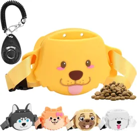 Silicone Dog Treat Pouch for Pet Training - Strong Magnetic Closure, 1.69 Cup Portable Easy to Clean Treat Bag with Training Clicker Waistband for Dog Walking Outdoor, Golden Retriever - Yellow