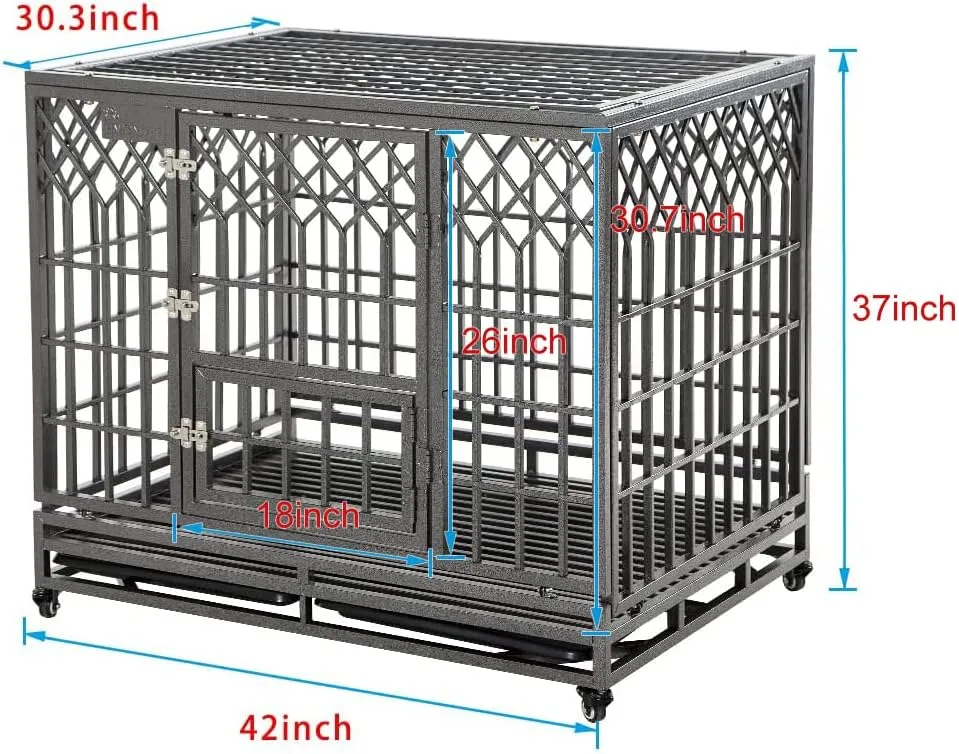SMONTER Heavy Duty Dog Cage for Large Dog Strong Metal Kennel and Crate Pet Playpen with Three Doors, Four Wheels,42 Inch,Y Shape,Silver   