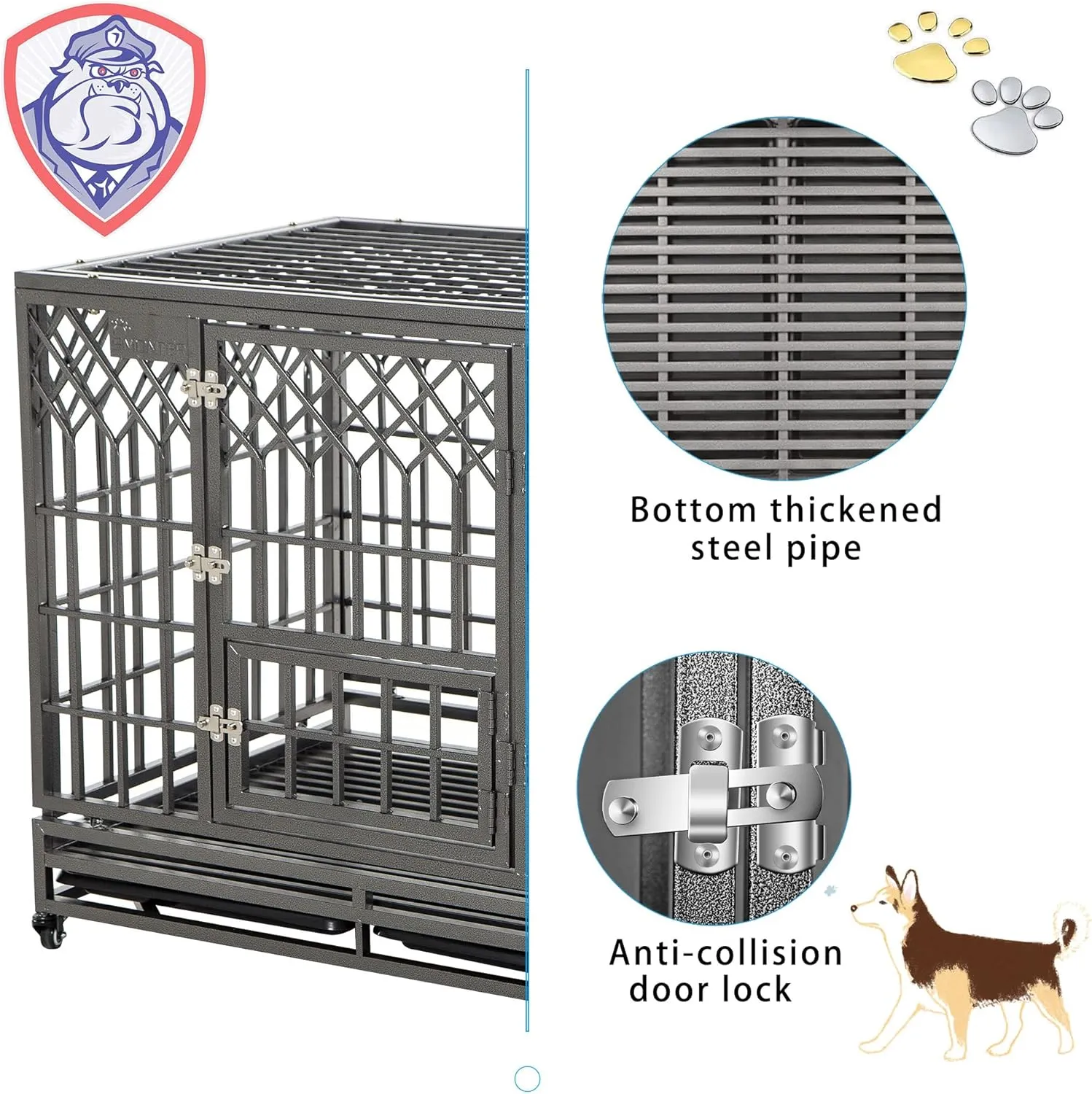 SMONTER Heavy Duty Dog Cage for Large Dog Strong Metal Kennel and Crate Pet Playpen with Three Doors, Four Wheels,42 Inch,Y Shape,Silver   
