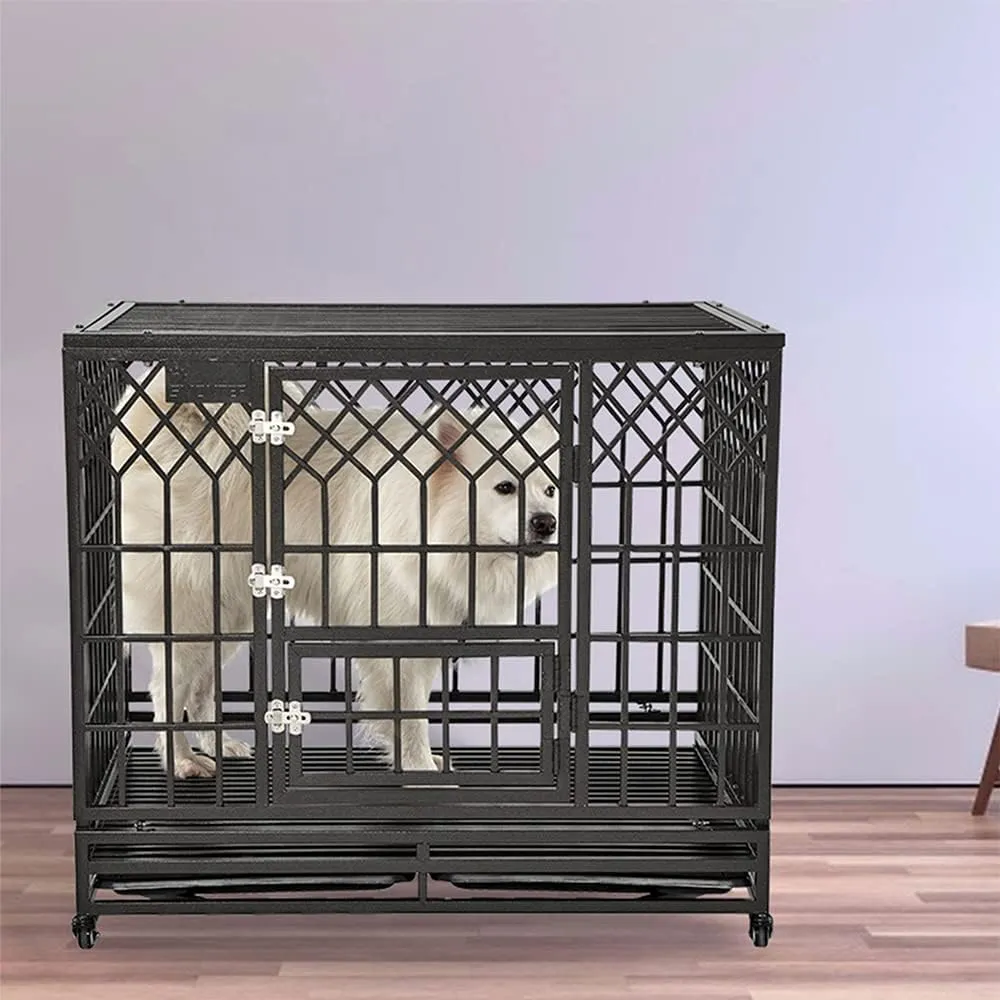 SMONTER Heavy Duty Dog Cage for Large Dog Strong Metal Kennel and Crate Pet Playpen with Three Doors, Four Wheels,42 Inch,Y Shape,Silver   