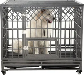 SMONTER Heavy Duty Dog Cage for Large Dog Strong Metal Kennel and Crate Pet Playpen with Three Doors, Four Wheels,42 Inch,Y Shape,Silver   