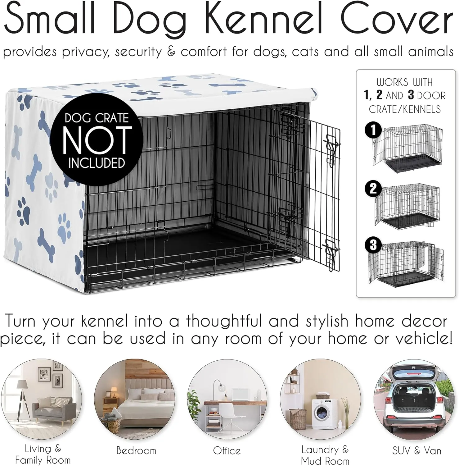 Sweet Jojo Designs 24in. Small Dog Crate Cover (Bones and Paw Prints) for Boys Pet Cage, Kennel Covers (Modern, Cartoon, Doggy, Puppy, Neutral, Paws Print, Whimsical, Slate Navy Blue and Off White)