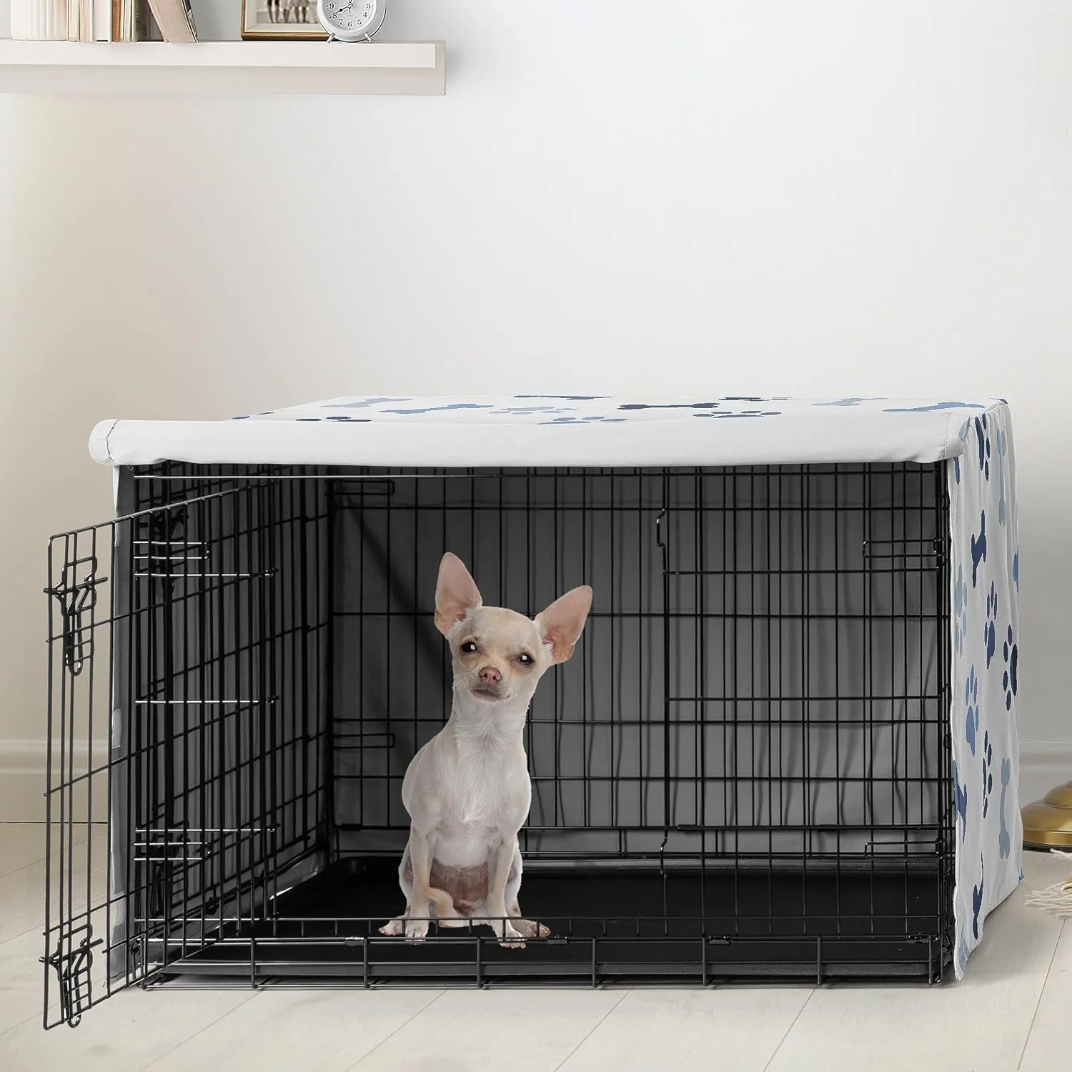 Sweet Jojo Designs 24in. Small Dog Crate Cover (Bones and Paw Prints) for Boys Pet Cage, Kennel Covers (Modern, Cartoon, Doggy, Puppy, Neutral, Paws Print, Whimsical, Slate Navy Blue and Off White)