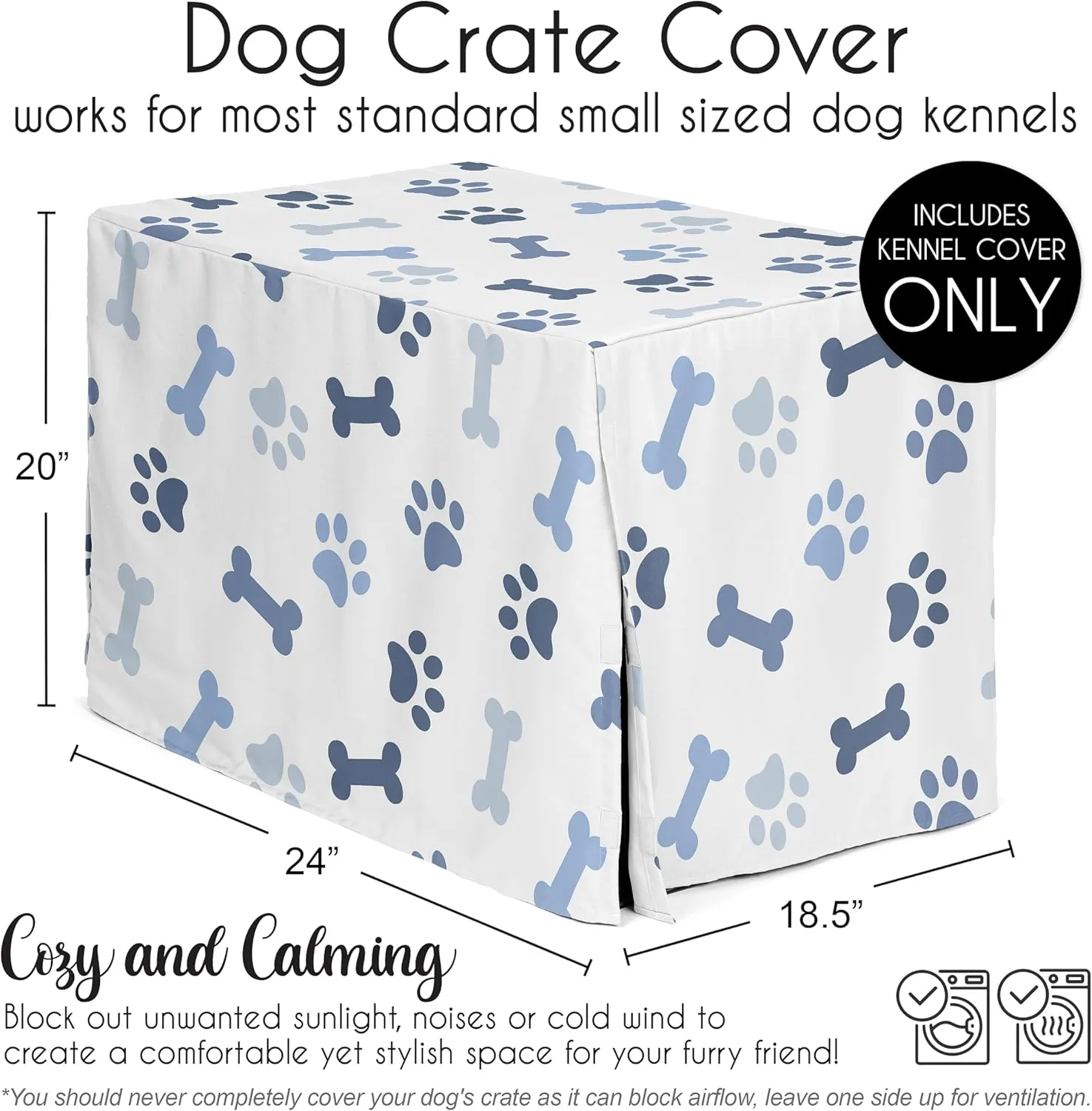 Sweet Jojo Designs 24in. Small Dog Crate Cover (Bones and Paw Prints) for Boys Pet Cage, Kennel Covers (Modern, Cartoon, Doggy, Puppy, Neutral, Paws Print, Whimsical, Slate Navy Blue and Off White)