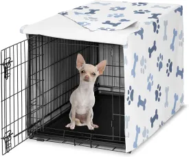 Sweet Jojo Designs 24in. Small Dog Crate Cover (Bones and Paw Prints) for Boys Pet Cage, Kennel Covers (Modern, Cartoon, Doggy, Puppy, Neutral, Paws Print, Whimsical, Slate Navy Blue and Off White)