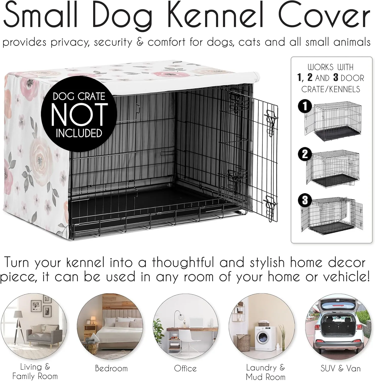 Sweet Jojo Designs 24in. Small Dog Crate Cover (Pink/Grey Boho Floral) for Girls Pet Cage, Kennel Covers (Watercolor, Flower, Elegant Rose, Bohemian, Shabby Chic, Farmhouse, Nature, Blush & Gray)
