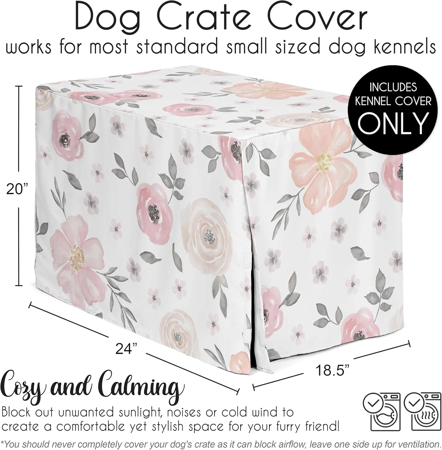 Sweet Jojo Designs 24in. Small Dog Crate Cover (Pink/Grey Boho Floral) for Girls Pet Cage, Kennel Covers (Watercolor, Flower, Elegant Rose, Bohemian, Shabby Chic, Farmhouse, Nature, Blush & Gray)