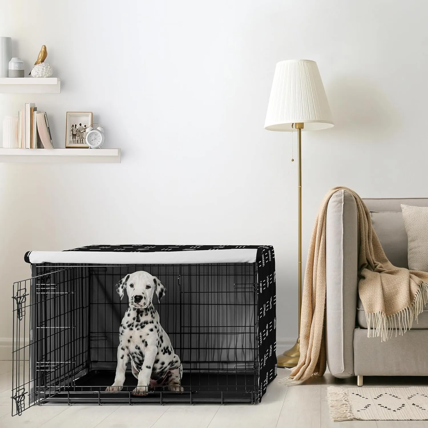 Sweet Jojo Designs 36in. Medium Dog Crate Cover (Black and White Boho) Pet Cage, Kennel Covers (Mudcloth, Black & White, Bohemian, Modern, Minimalist, Southwest, Mud Cloth, Hatch, Neutral Triple Line)