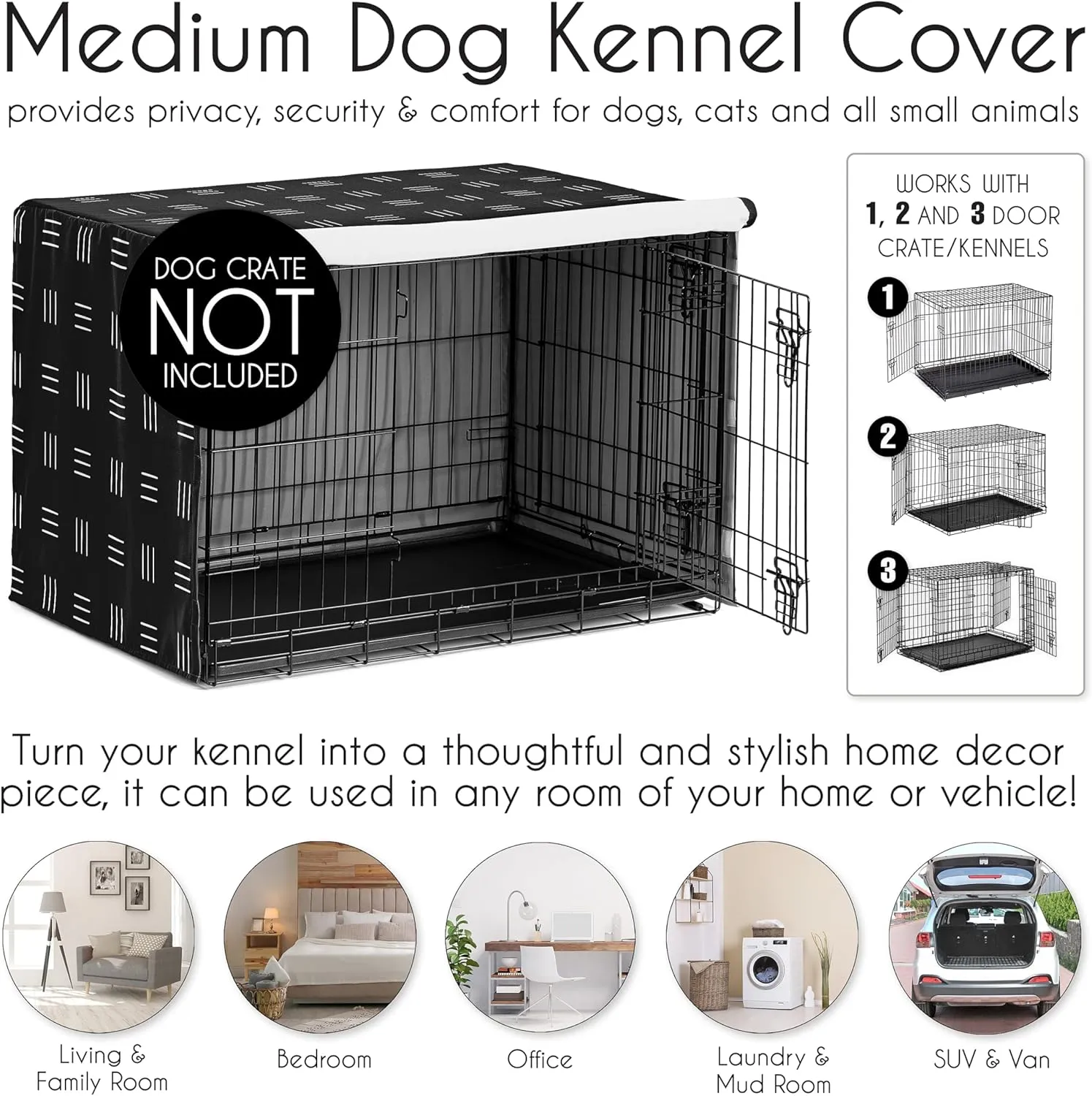 Sweet Jojo Designs 36in. Medium Dog Crate Cover (Black and White Boho) Pet Cage, Kennel Covers (Mudcloth, Black & White, Bohemian, Modern, Minimalist, Southwest, Mud Cloth, Hatch, Neutral Triple Line)