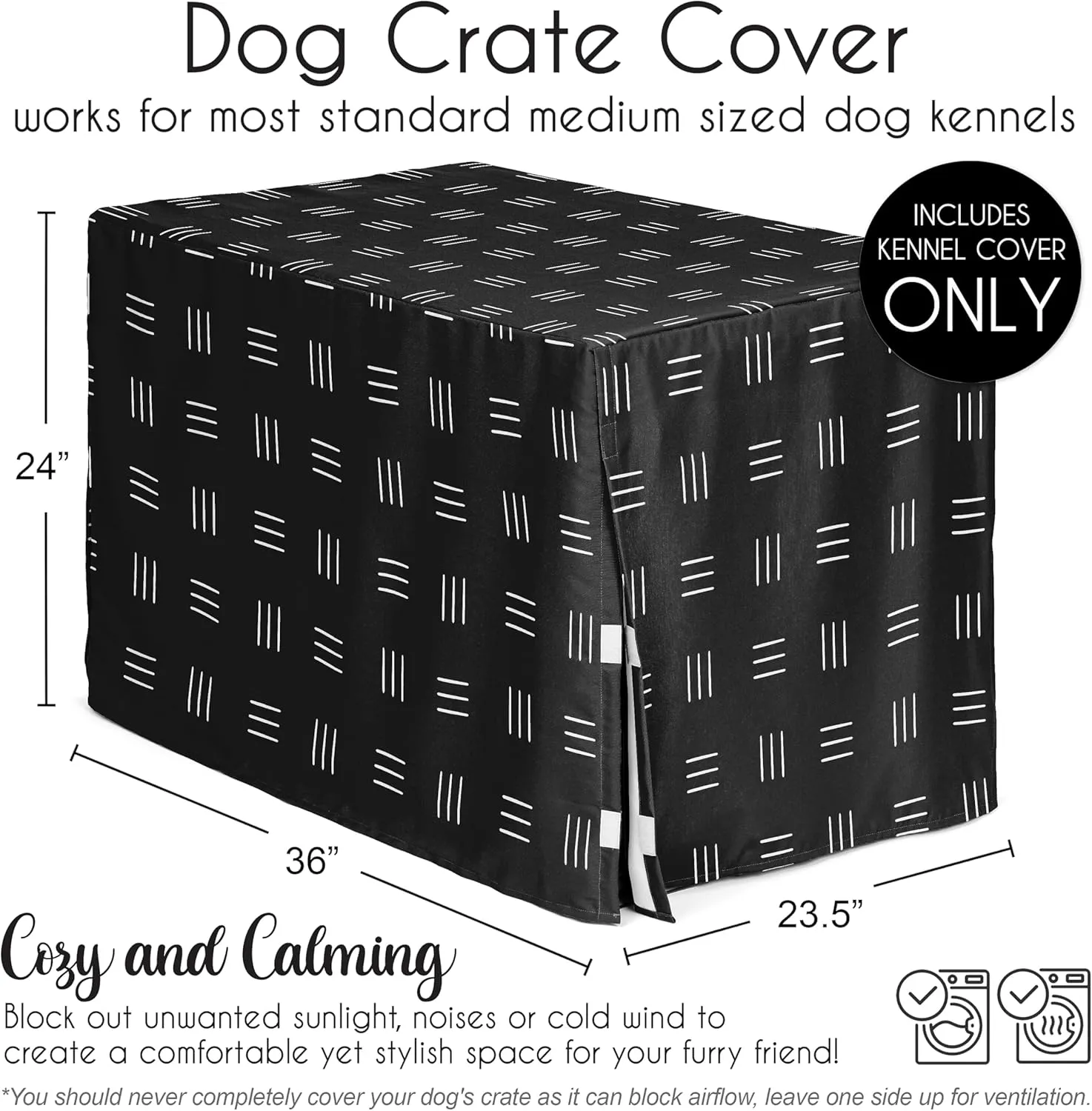 Sweet Jojo Designs 36in. Medium Dog Crate Cover (Black and White Boho) Pet Cage, Kennel Covers (Mudcloth, Black & White, Bohemian, Modern, Minimalist, Southwest, Mud Cloth, Hatch, Neutral Triple Line)