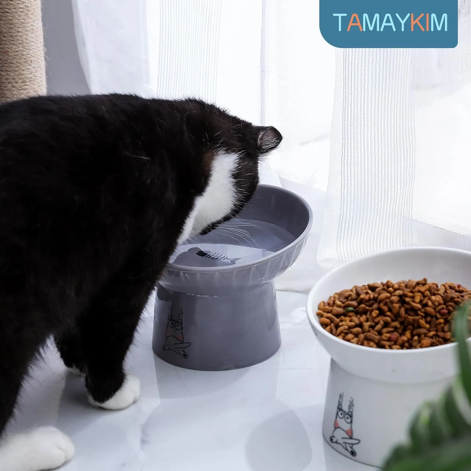 TAMAYKIM 6.5 Inch Tilted Extra Wide Raised Ceramic Cat Bowls, Round Food and Water Bowls for Elder Big Cats and Small Dogs, Elevated Pet Feeder Dish, Stress Free, Protect Cat's Spine, White & Grey