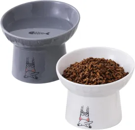 TAMAYKIM 6.5 Inch Tilted Extra Wide Raised Ceramic Cat Bowls, Round Food and Water Bowls for Elder Big Cats and Small Dogs, Elevated Pet Feeder Dish, Stress Free, Protect Cat's Spine, White & Grey