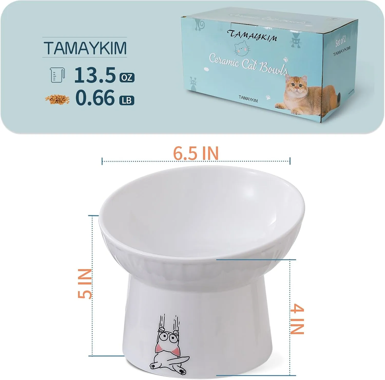 TAMAYKIM 6.5 Inch Tilted Extra Wide Raised Ceramic Cat Bowls, Round Food and Water Bowls for Elder Big Cats and Small Dogs, Elevated Pet Feeder Dish, Stress Free, Protect Cat's Spine, White & Grey