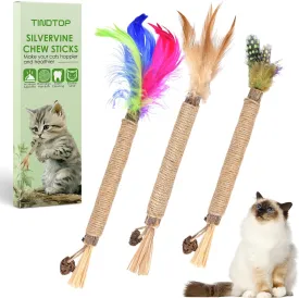 TINDTOP Silvervine Sticks for Cats with Natural Feather, Catnip Chew Toys for Kittens Teeth Cleaning, Matatabi Dental Care, Calm Cat Anxiety and Stress (3 Pack)