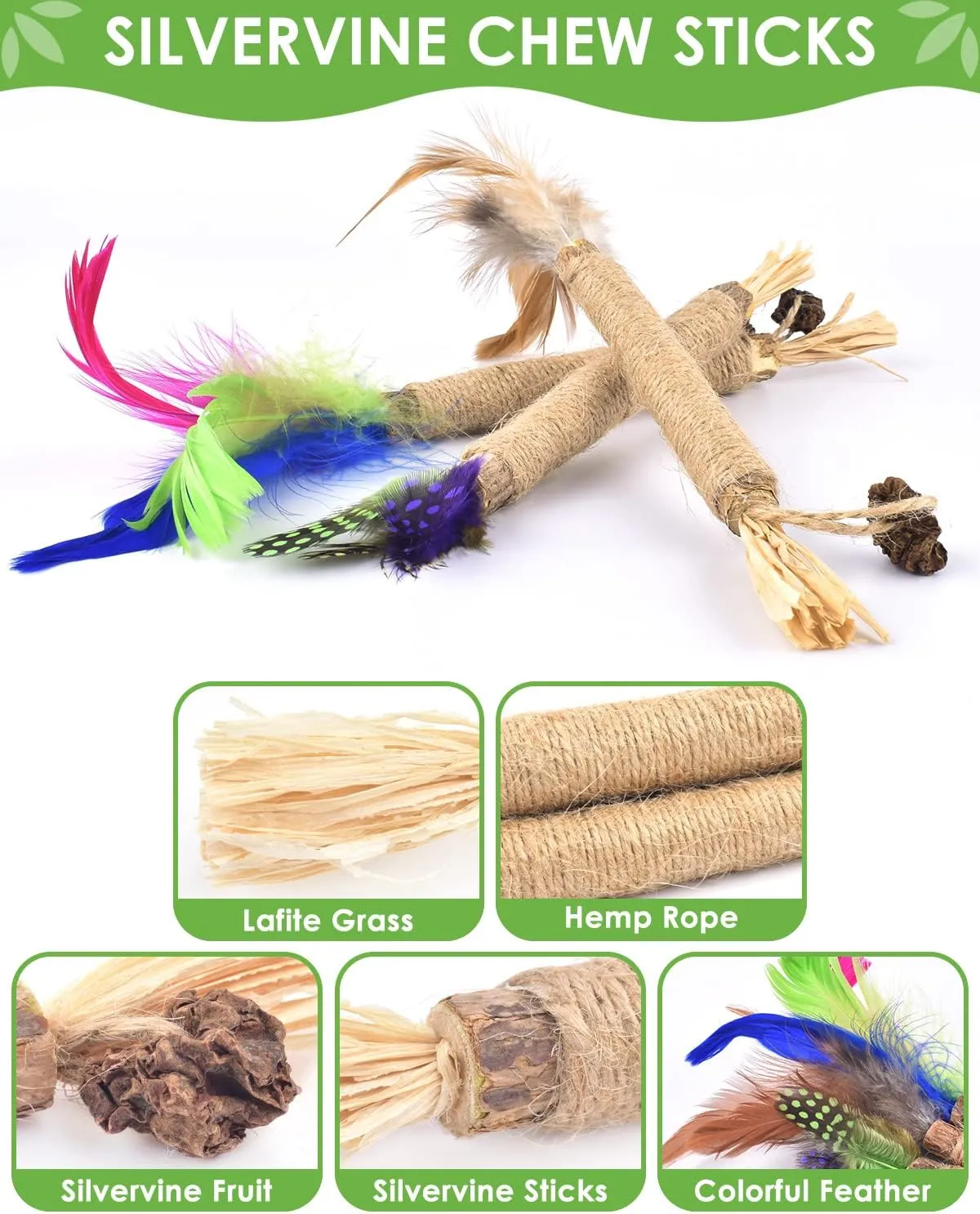 TINDTOP Silvervine Sticks for Cats with Natural Feather, Catnip Chew Toys for Kittens Teeth Cleaning, Matatabi Dental Care, Calm Cat Anxiety and Stress (3 Pack)