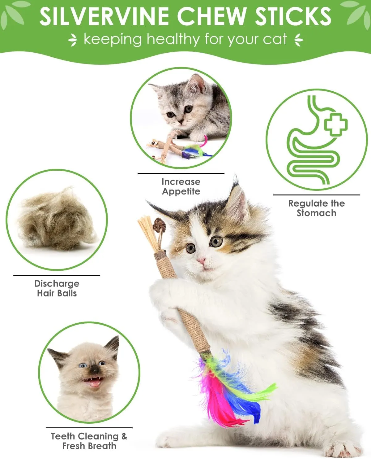TINDTOP Silvervine Sticks for Cats with Natural Feather, Catnip Chew Toys for Kittens Teeth Cleaning, Matatabi Dental Care, Calm Cat Anxiety and Stress (3 Pack)