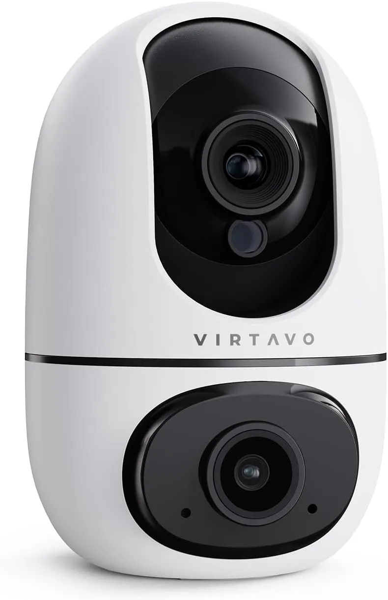 virtavo XD1 Indoor Security Camera, Dual-Lens & Split View, 360 PTZ Baby Monitor & Pet Cam, Motion Tracking, 2-Way Audio, Night Vision, Cloud/SD Storage, Phone App, 2.4GHz WiFi