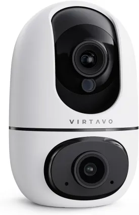 virtavo XD1 Indoor Security Camera, Dual-Lens & Split View, 360 PTZ Baby Monitor & Pet Cam, Motion Tracking, 2-Way Audio, Night Vision, Cloud/SD Storage, Phone App, 2.4GHz WiFi