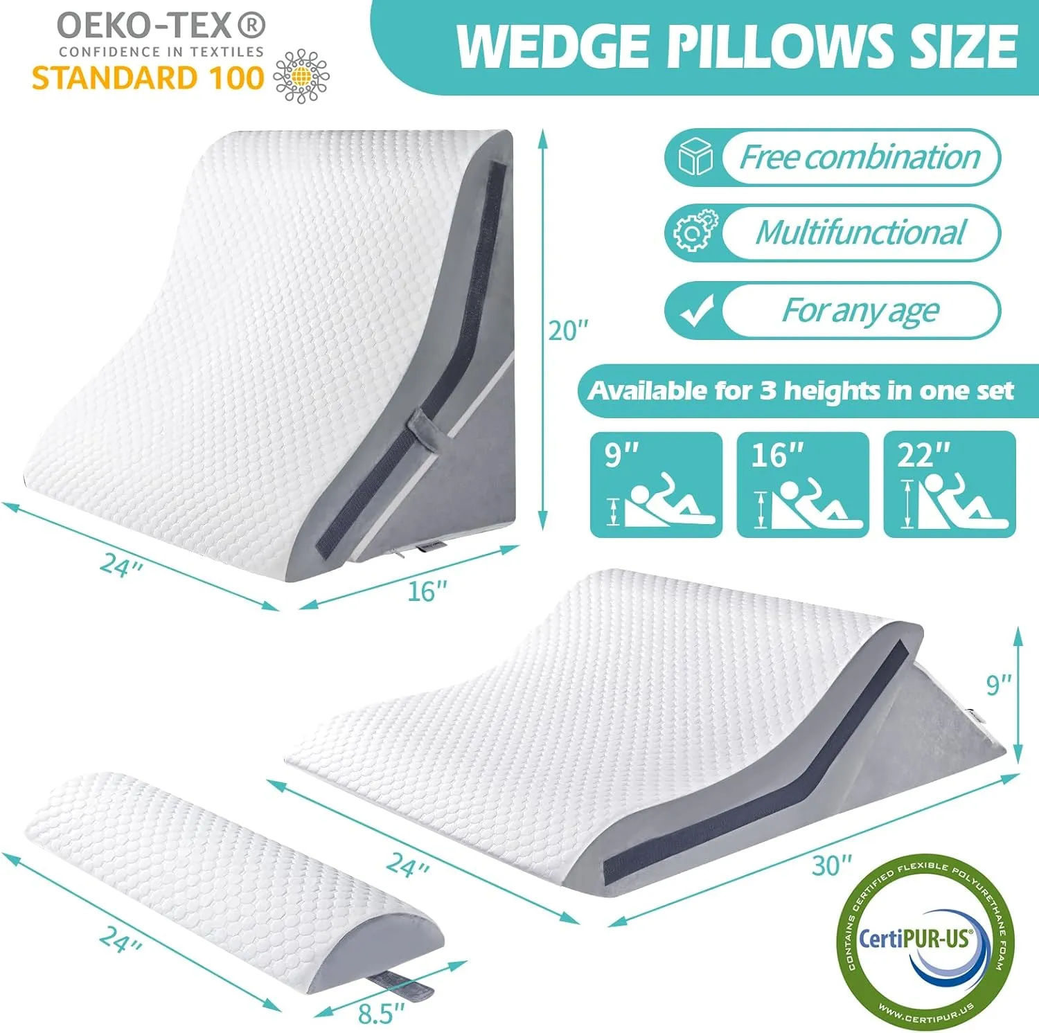 Wedge Pillow for Sleeping, Orthopedic Bed Wedge Pillow Set, 15-in-1 3PCS Adjustable Memory Foam Wedge Pillow Post Surgery, 9 &16 & 20 inches Height 3-in-1 Incline Wedges Pillows
