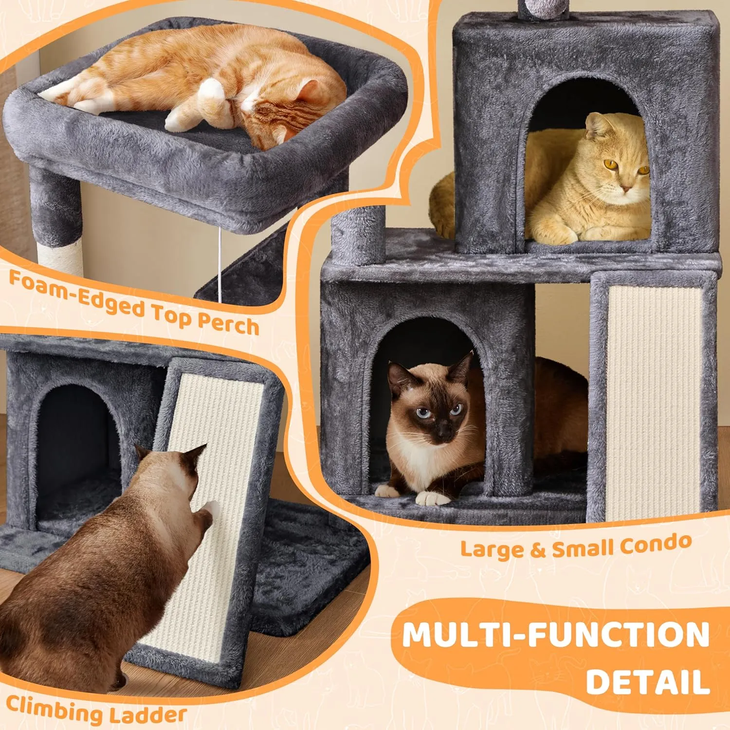 Yaheetech 42in Cat Tree Tower with Scratching Posts, Plush Condo, Ramp & Perch, Multi-Level Climber for Indoor Cats & Kittens, Dark Gray